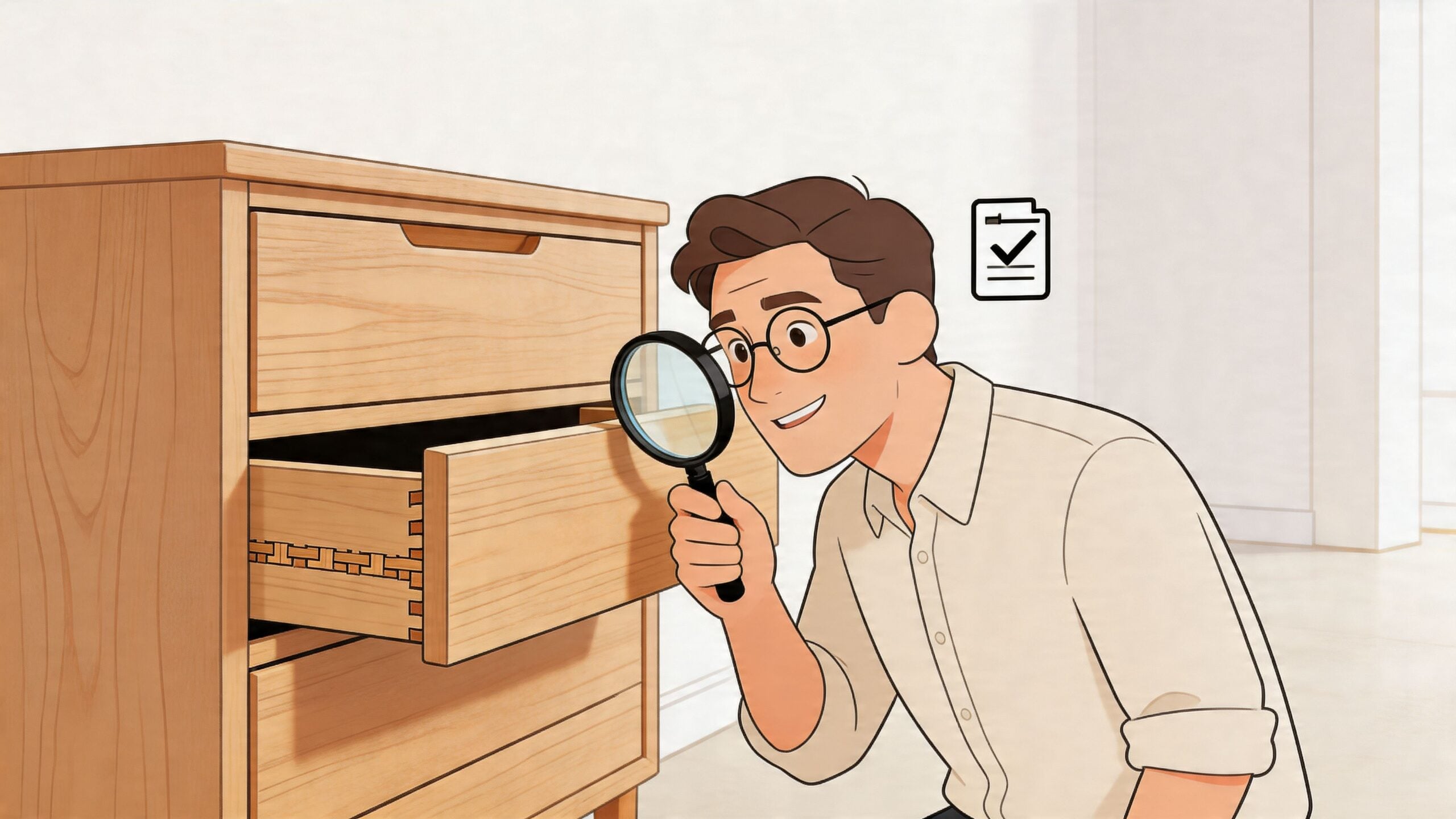 A professional furniture inspector closely examines the dovetail joinery of a solid wood drawer with a magnifying glass.