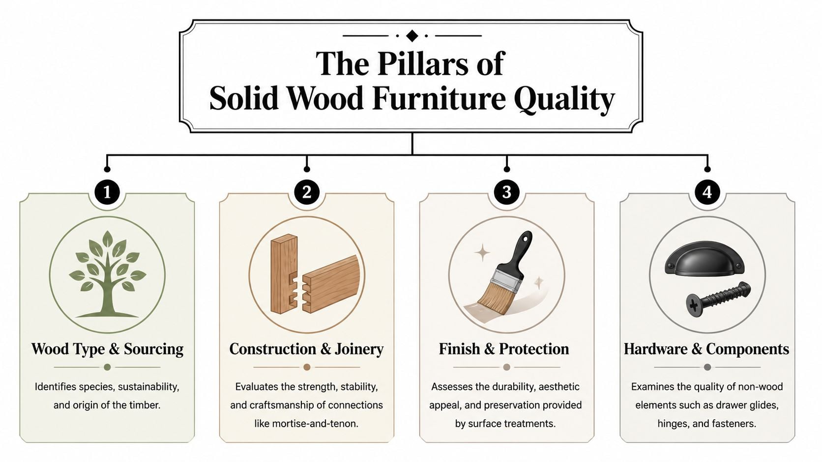 A diagram outlining four essential pillars of quality for identifying high-end solid wood furniture pieces.