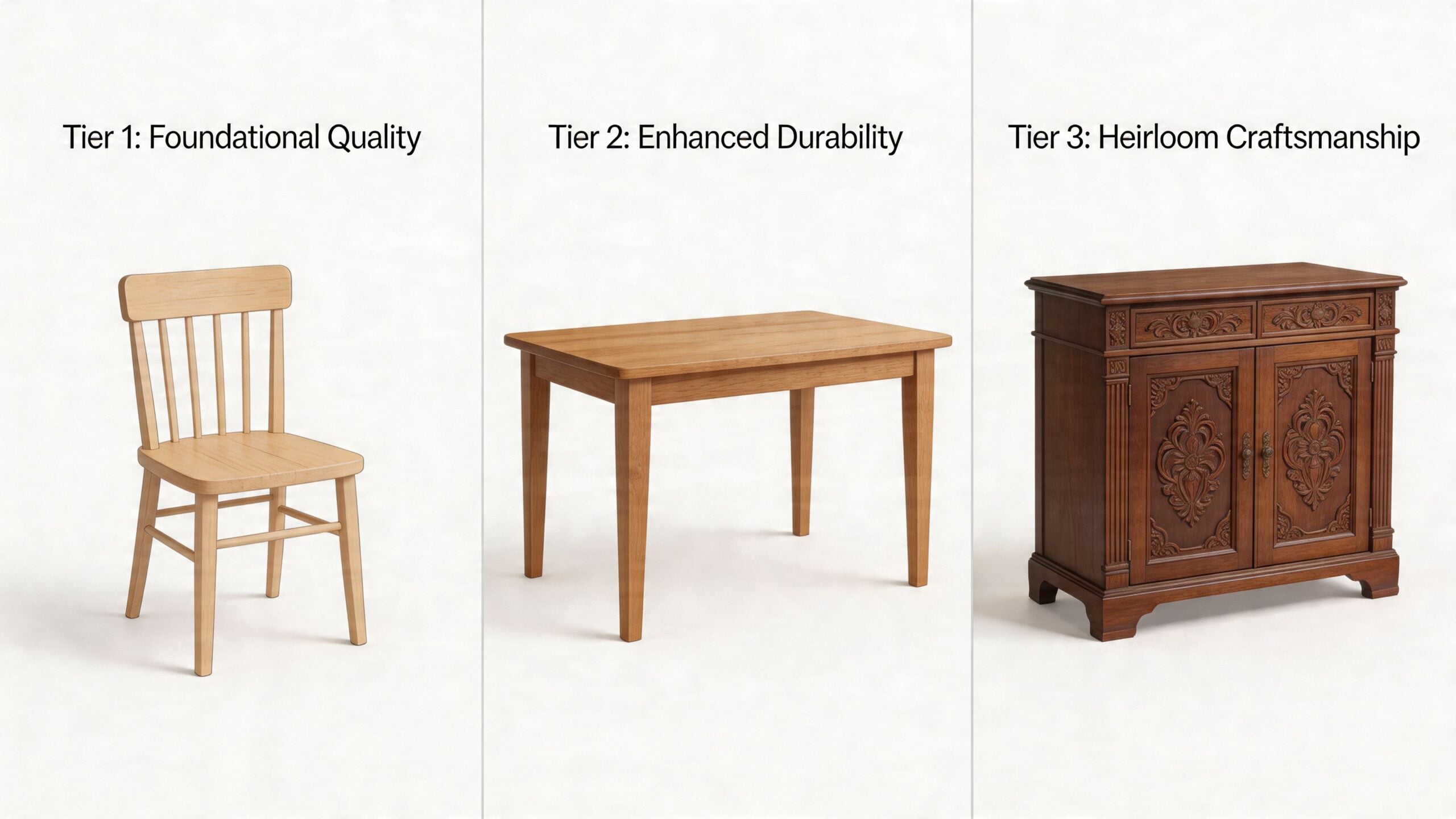 A comparison chart showing three tiers of wood furniture quality from simple to highly ornate designs.