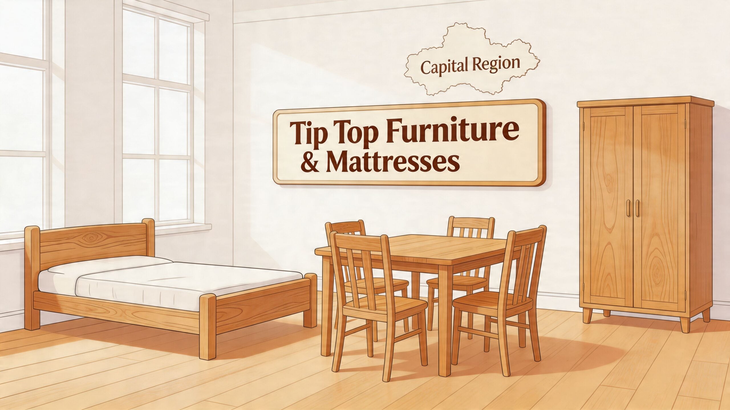 A furnished room featuring a wooden bed, dining set, and wardrobe with a furniture brand sign.