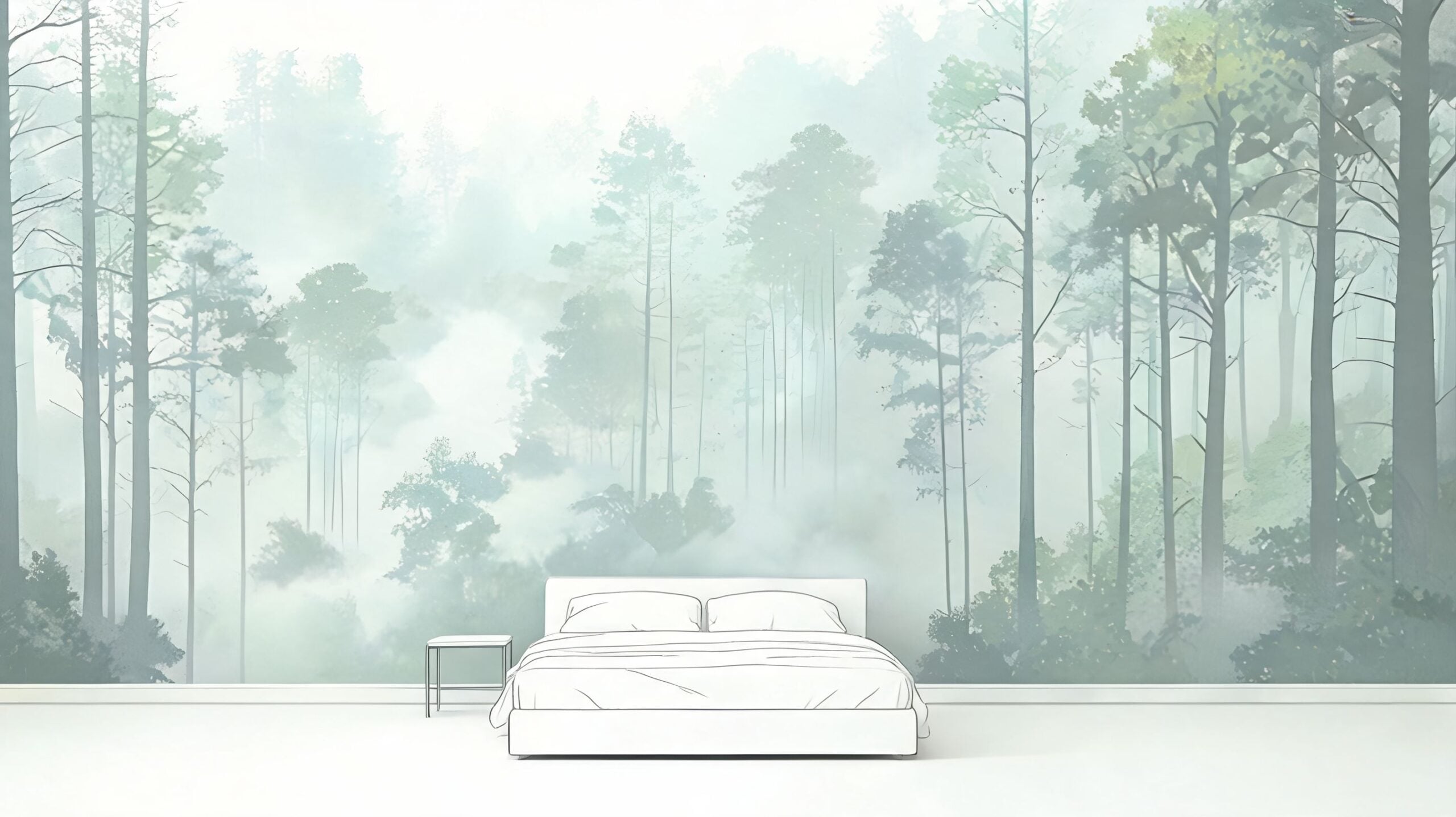A modern minimalist bedroom featuring a bed against a large mural of a misty, ethereal forest landscape.