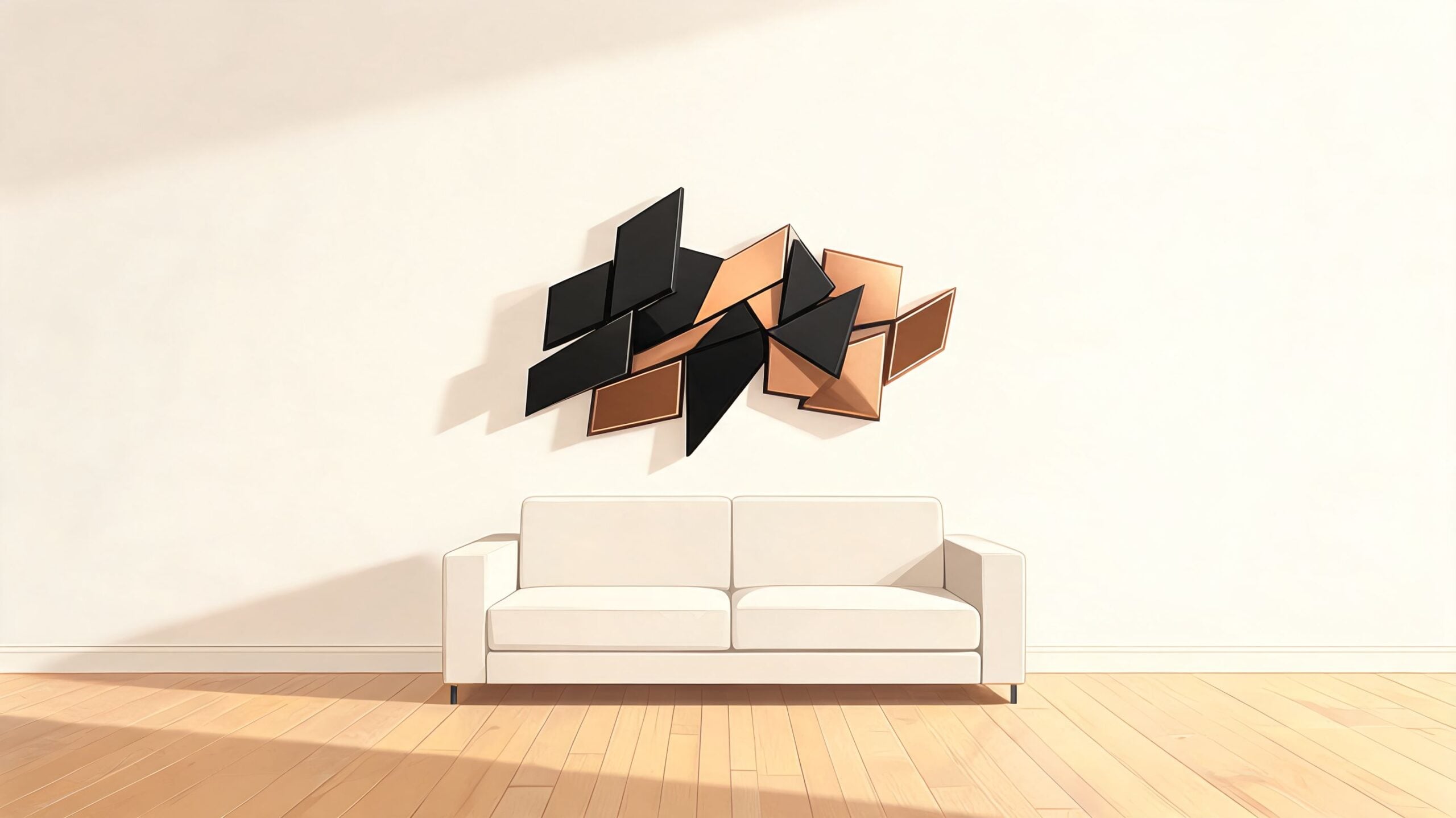 A minimalist living room with a white sofa and modern geometric abstract metal wall art above it.
