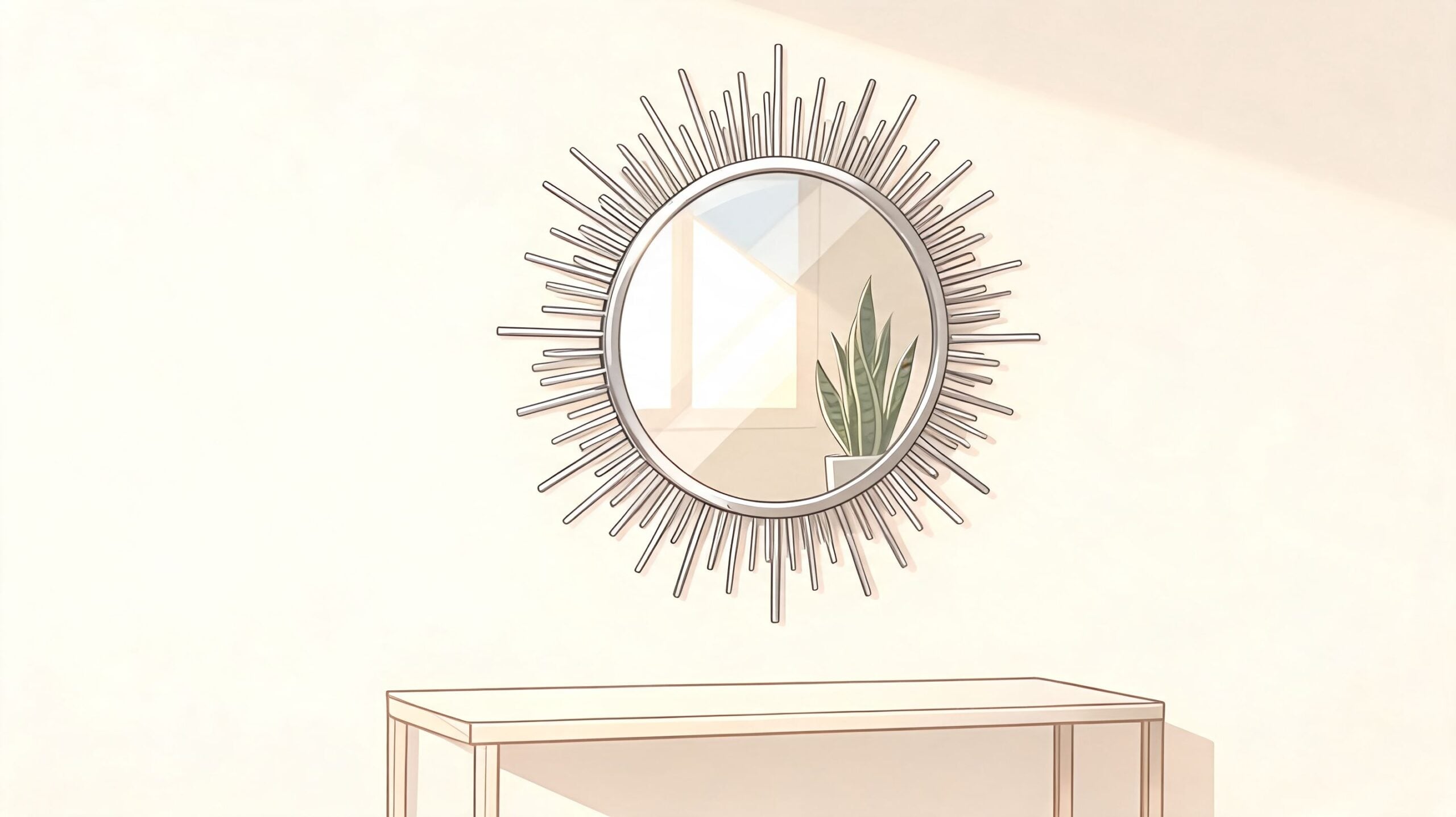 A minimalist living room featuring a decorative sunburst mirror hanging on a beige wall above a console table.
