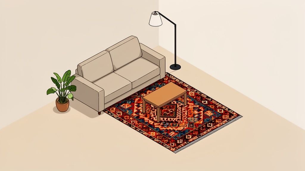 An isometric illustration of a living room corner with a sofa, coffee table, plant, lamp, and colorful area rug.