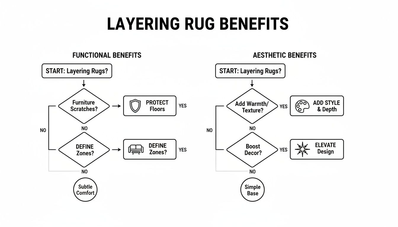A flowchart titled 'Layering Rug Benefits' showing functional and aesthetic advantages like floor protection, defining zones, adding style, and elevating design.