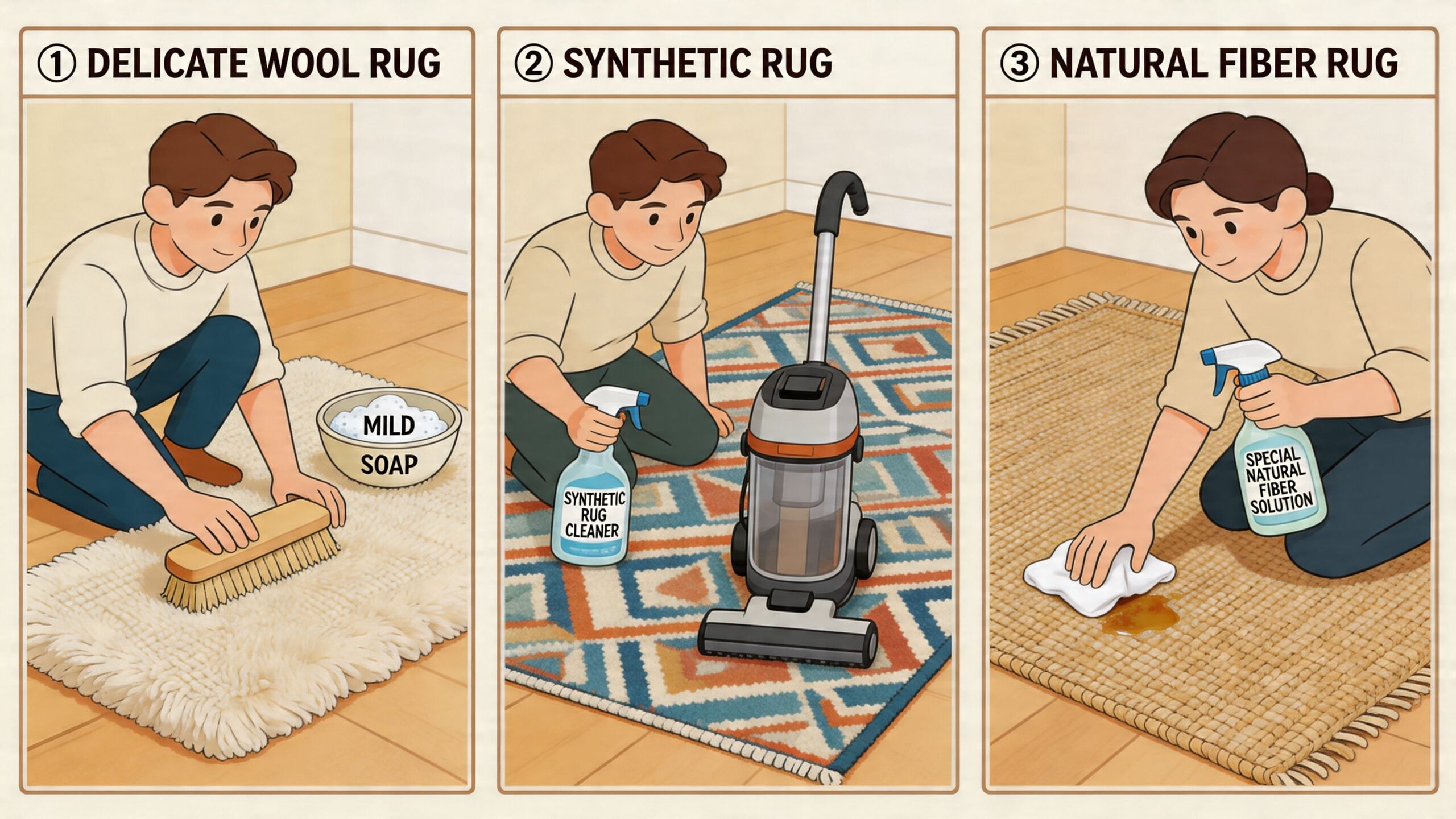 A three-part illustration showing how to clean different types of rugs including wool, synthetic, and natural fibers.