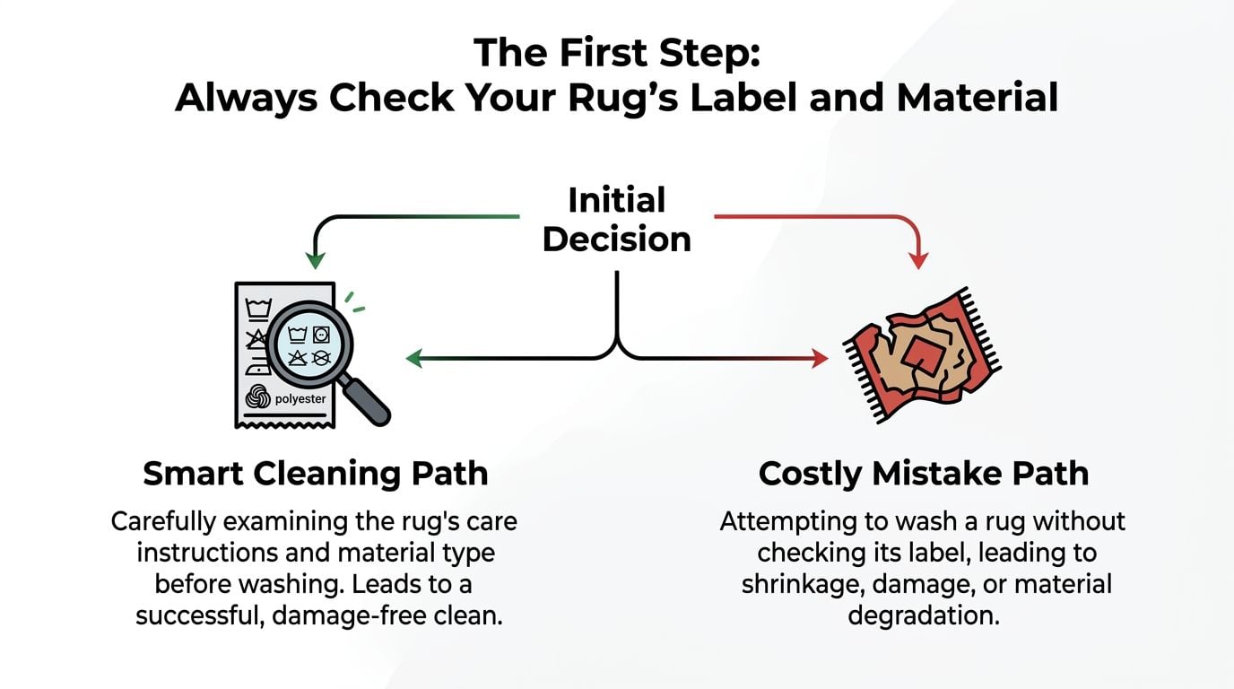 A diagram illustrating the importance of checking rug care labels to avoid cleaning damage, separating smart from costly paths.