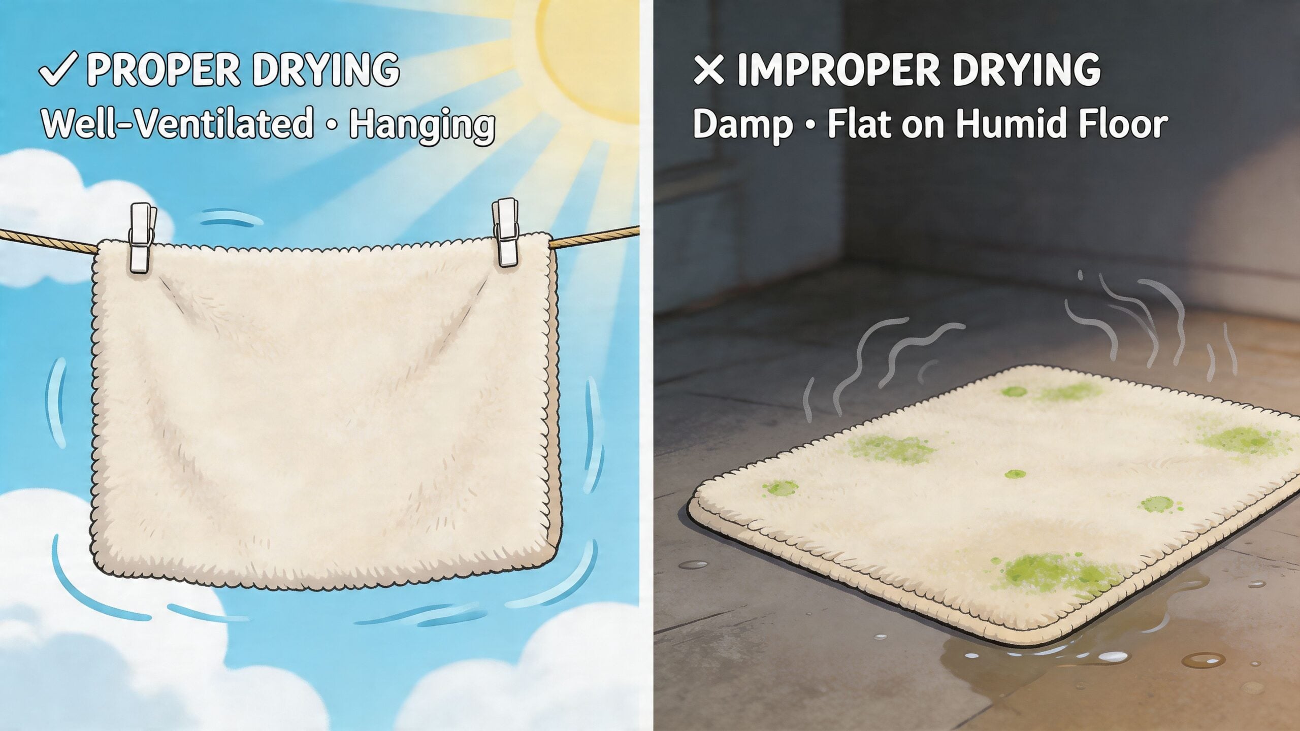 A split image showing proper rug drying on a clothesline versus improper drying on a floor.