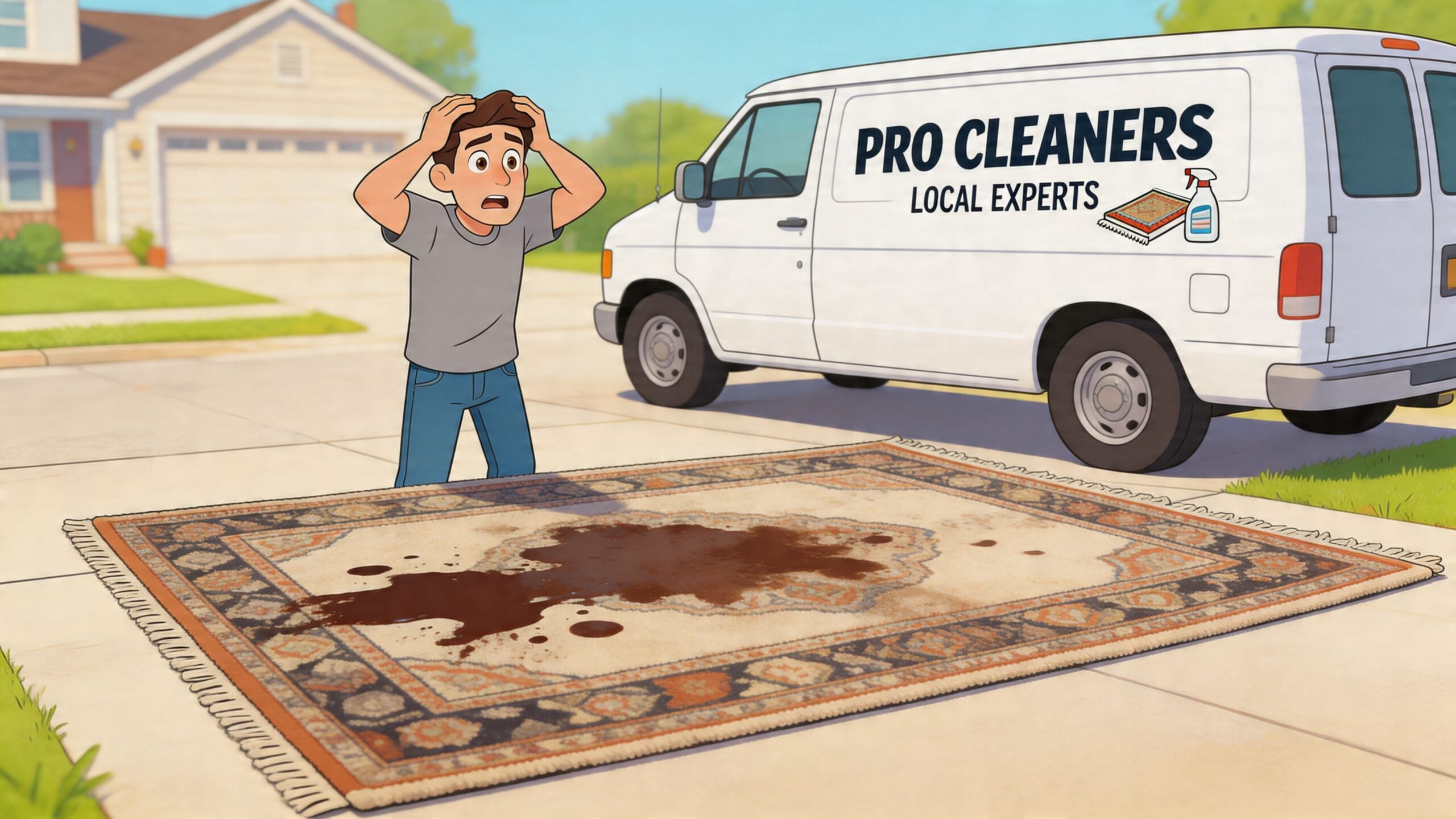 A distressed man stands next to a large rug with a dark stain in front of a cleaning van.