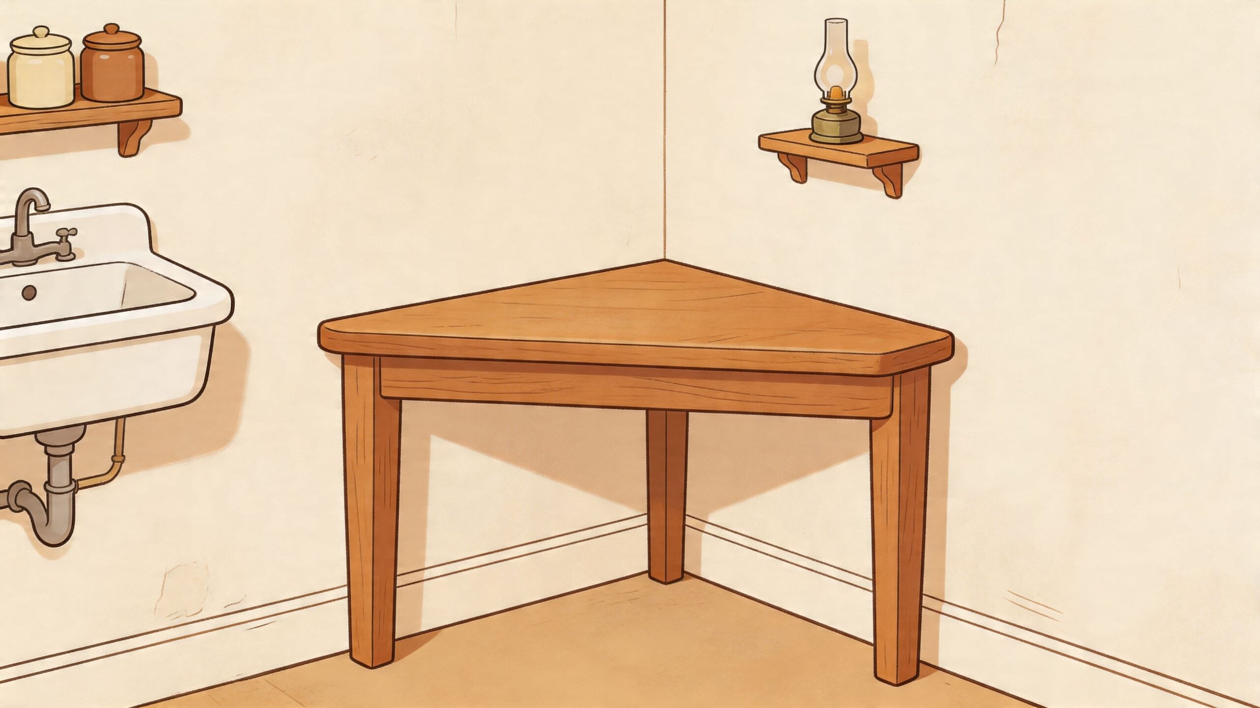 A wooden triangular corner kitchen table sits in a room with a wall-mounted sink and a lamp.