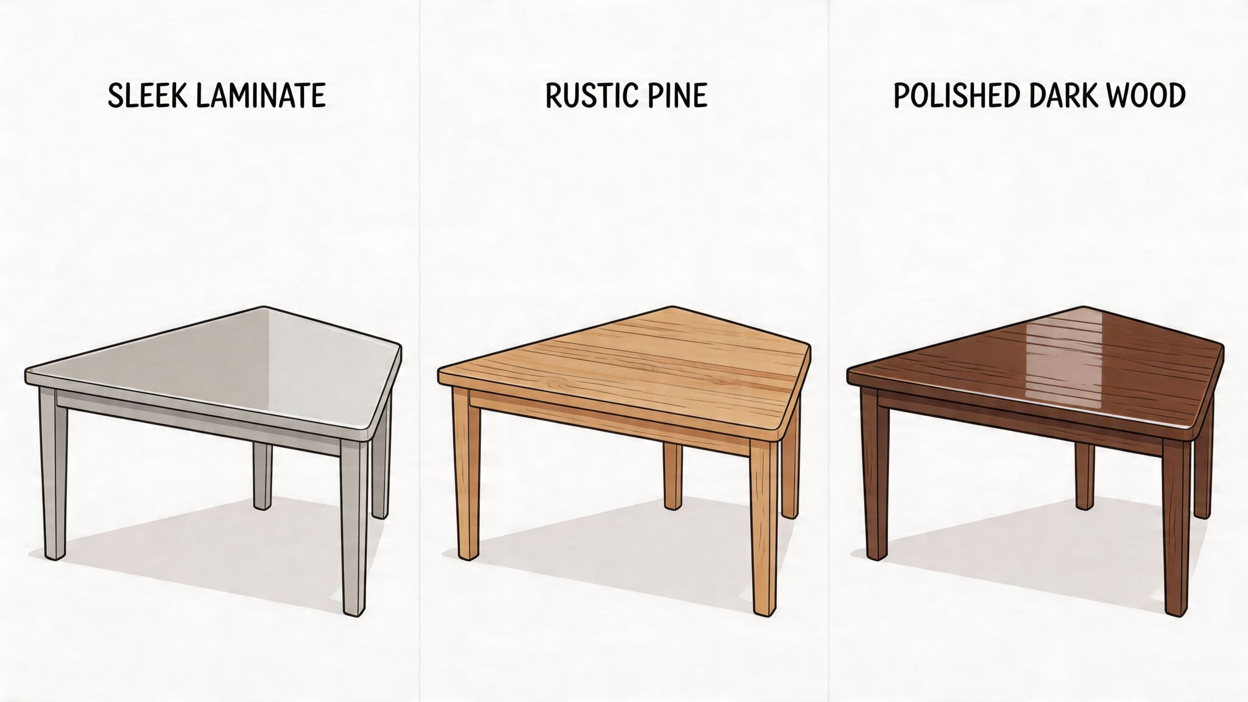 Three different corner kitchen table designs featuring sleek laminate, rustic pine, and polished dark wood finishes.