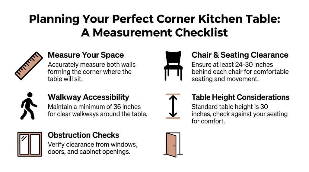 An infographic checklist for measuring space to plan for the perfect corner kitchen table setup.