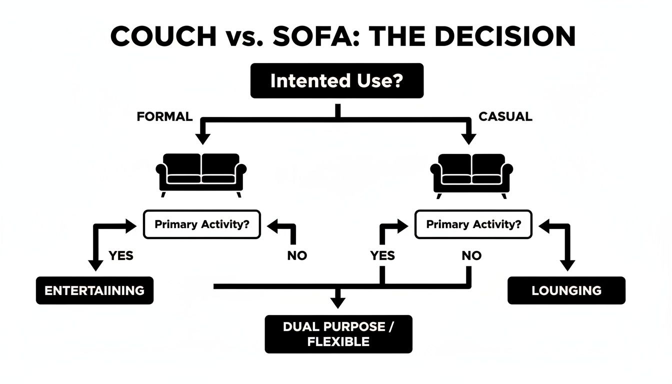 Decision tree flowchart for choosing between a couch and sofa, based on intended use and primary activities.