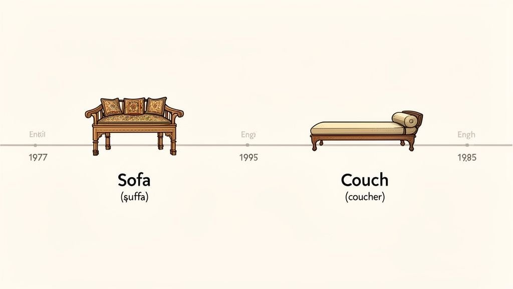 A timeline infographic visually distinguishing between a traditional sofa and a chaise lounge couch.