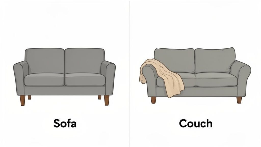 Comparison of two gray two-seater seating pieces: a formal 'sofa' and a cozy 'couch' with a blanket.