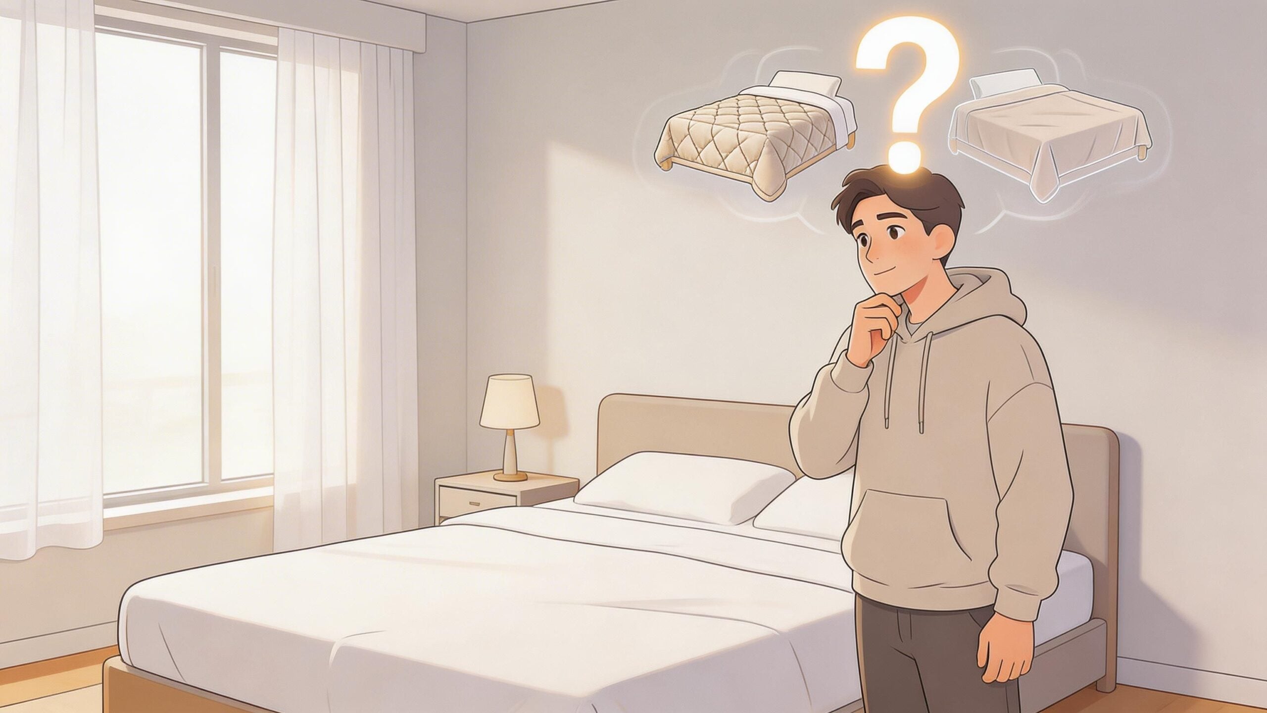 A young man standing in a bedroom contemplating between choosing a textured quilt or a smooth coverlet.