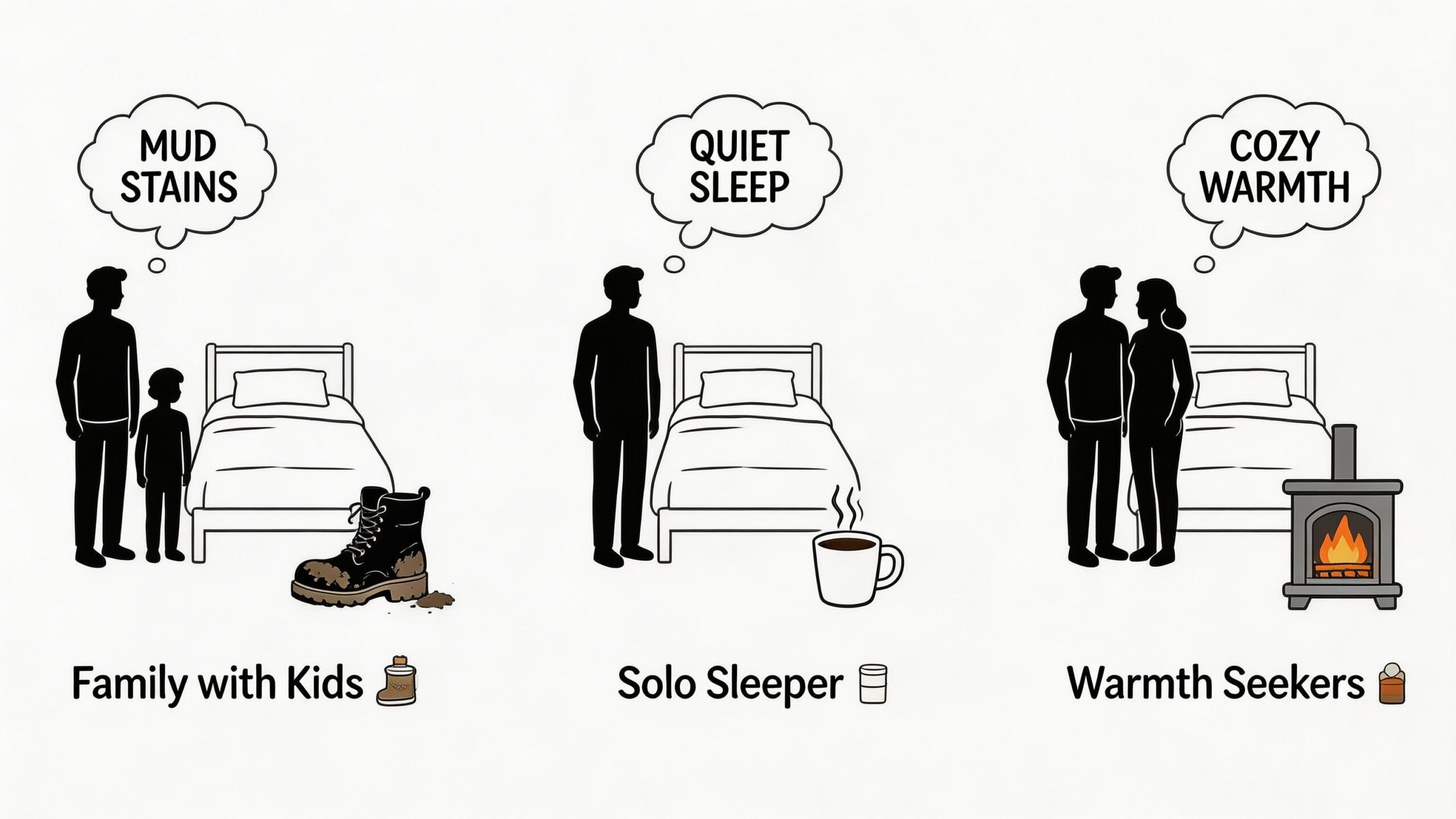 A graphic illustration comparing bedding needs for families, solo sleepers, and those seeking warmth by a fireplace.