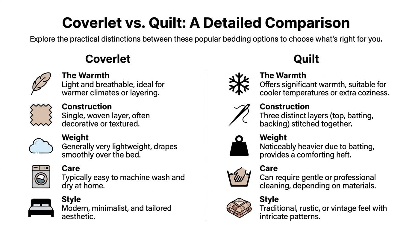 A comparison chart highlighting the key differences between coverlets and quilts regarding warmth, construction, weight, and style.