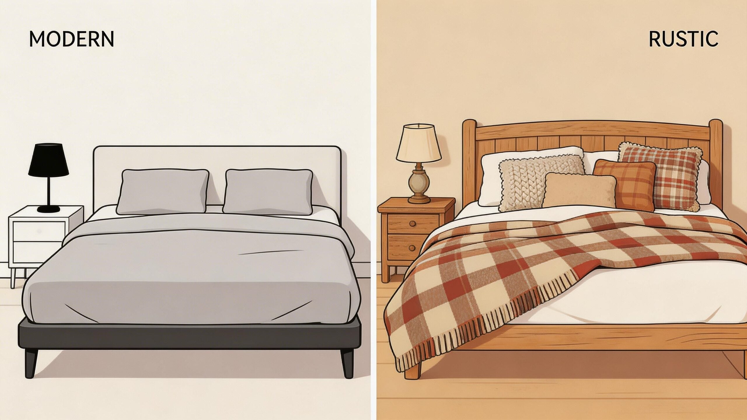 A split image comparing a minimalist modern bedroom design with a cozy rustic style bedroom setting.