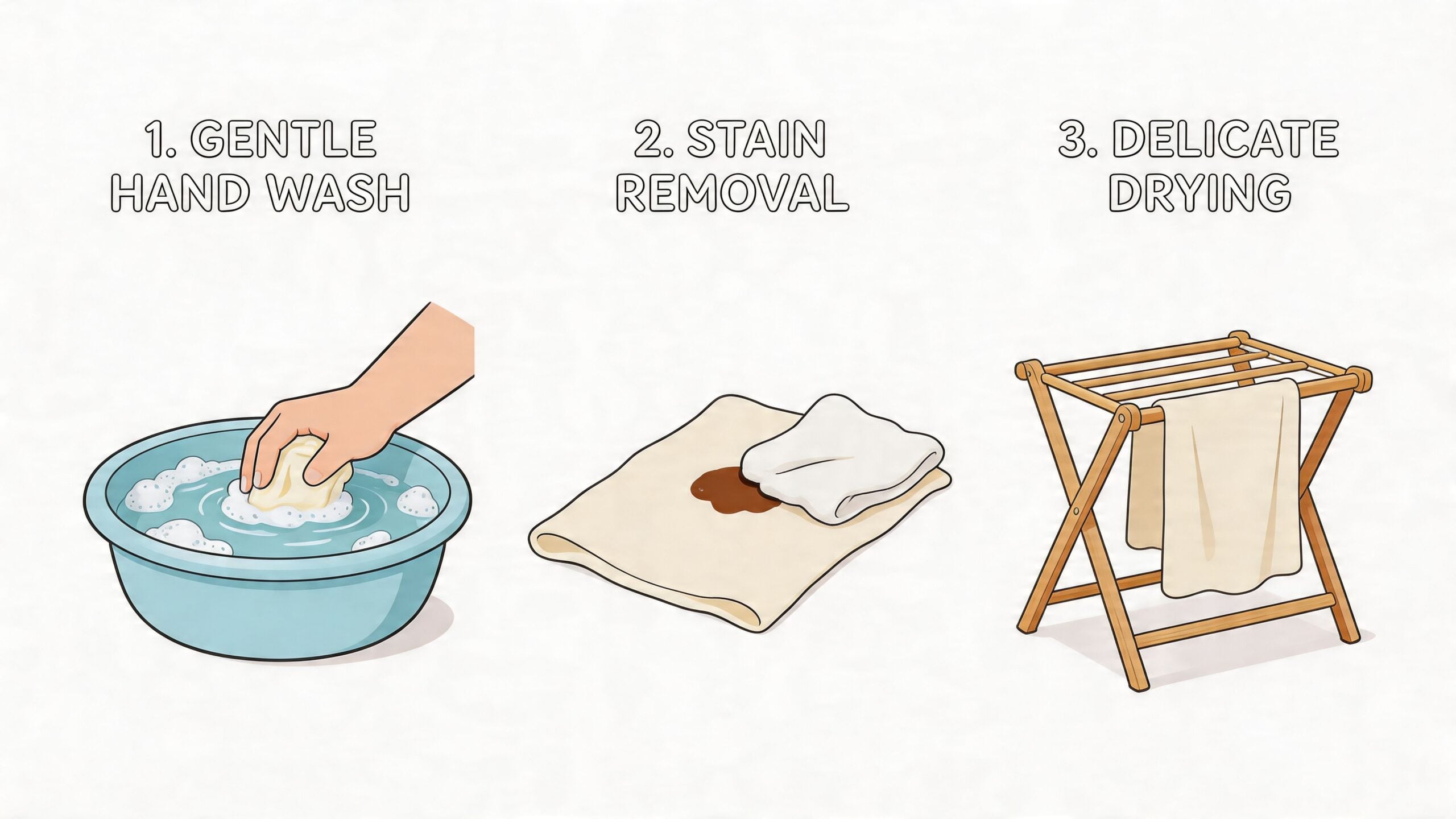 An infographic showing three steps to care for fabric: gentle hand washing, stain removal, and delicate drying.