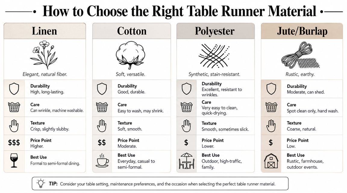 An infographic comparing different table runner materials including linen, cotton, polyester, and jute or burlap.