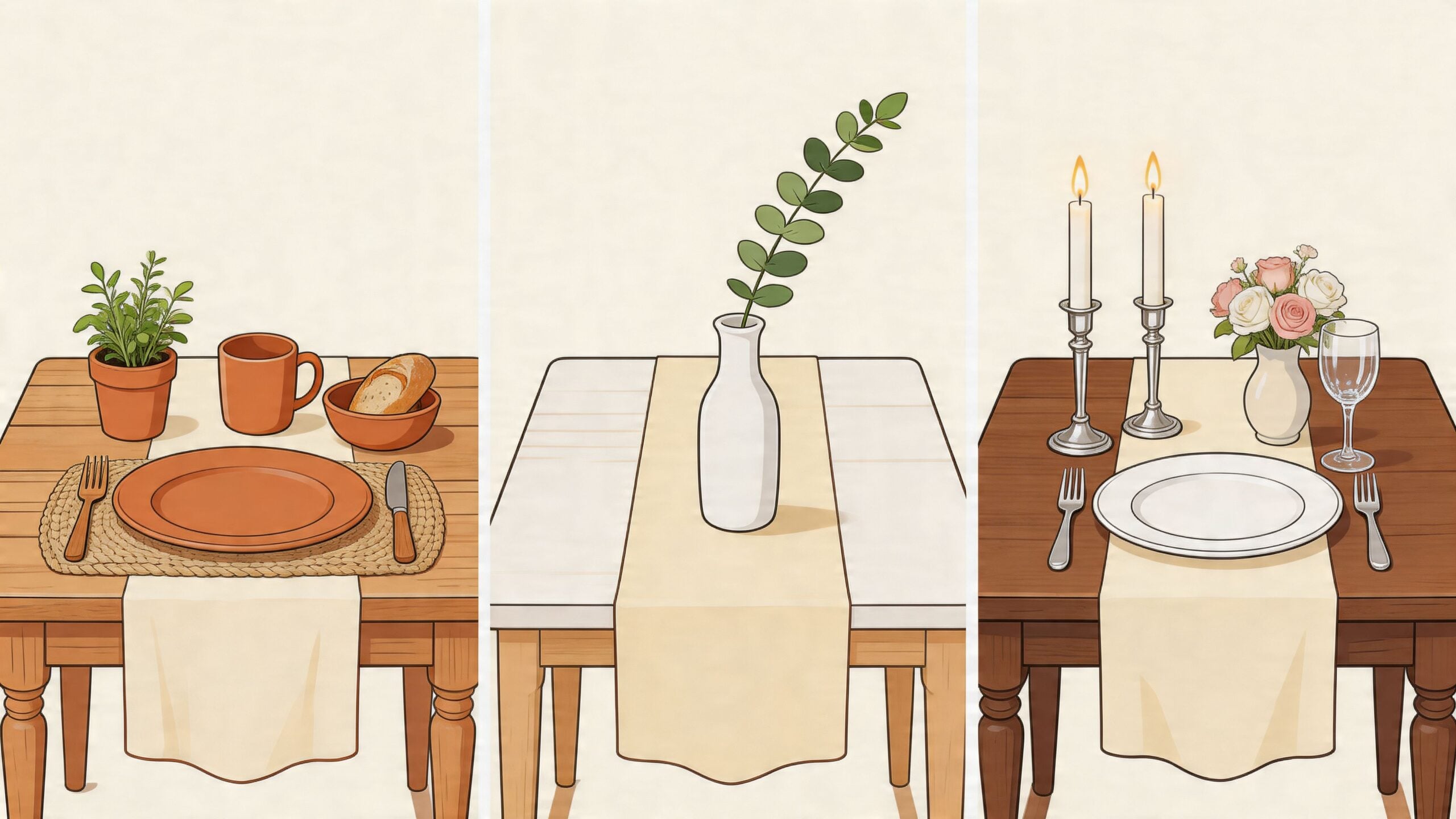 Three different table settings featuring a cream colored table runner displayed on wooden dining tables.