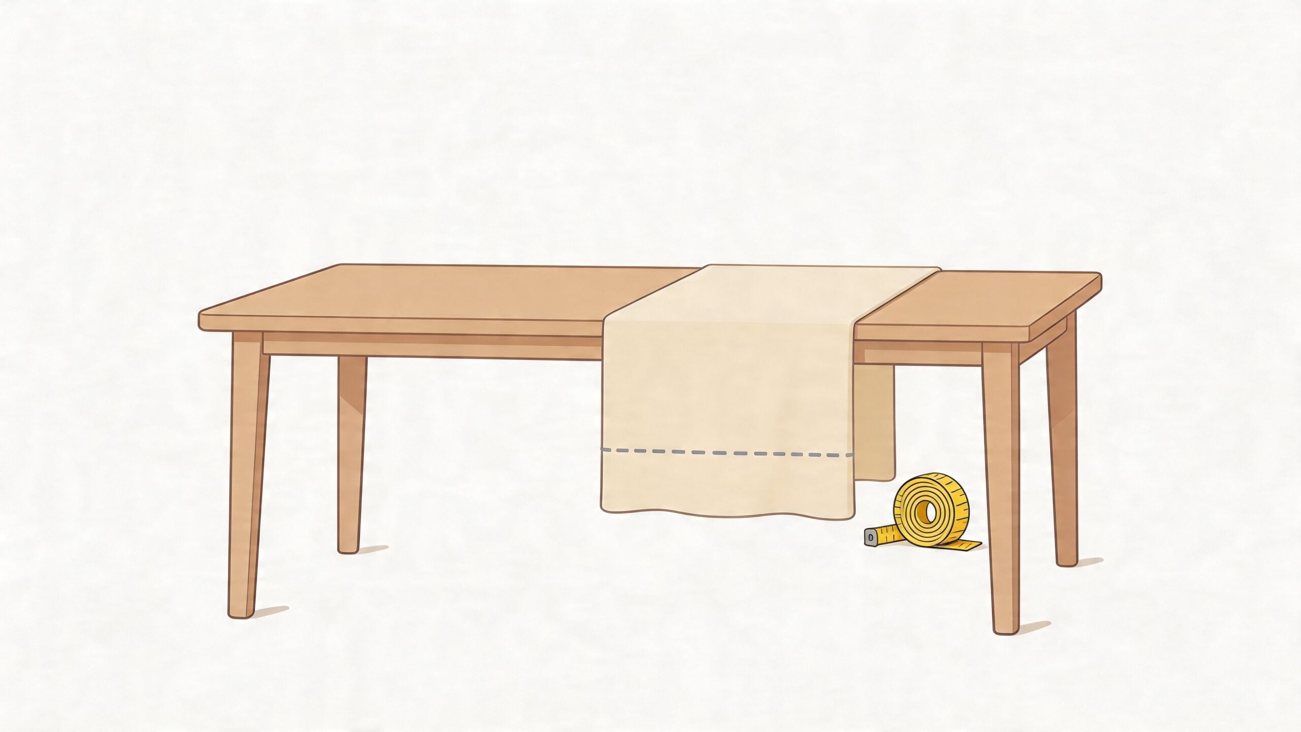 A minimalist wooden table featuring a soft cream-colored table runner draped over one side, with a measuring tape.