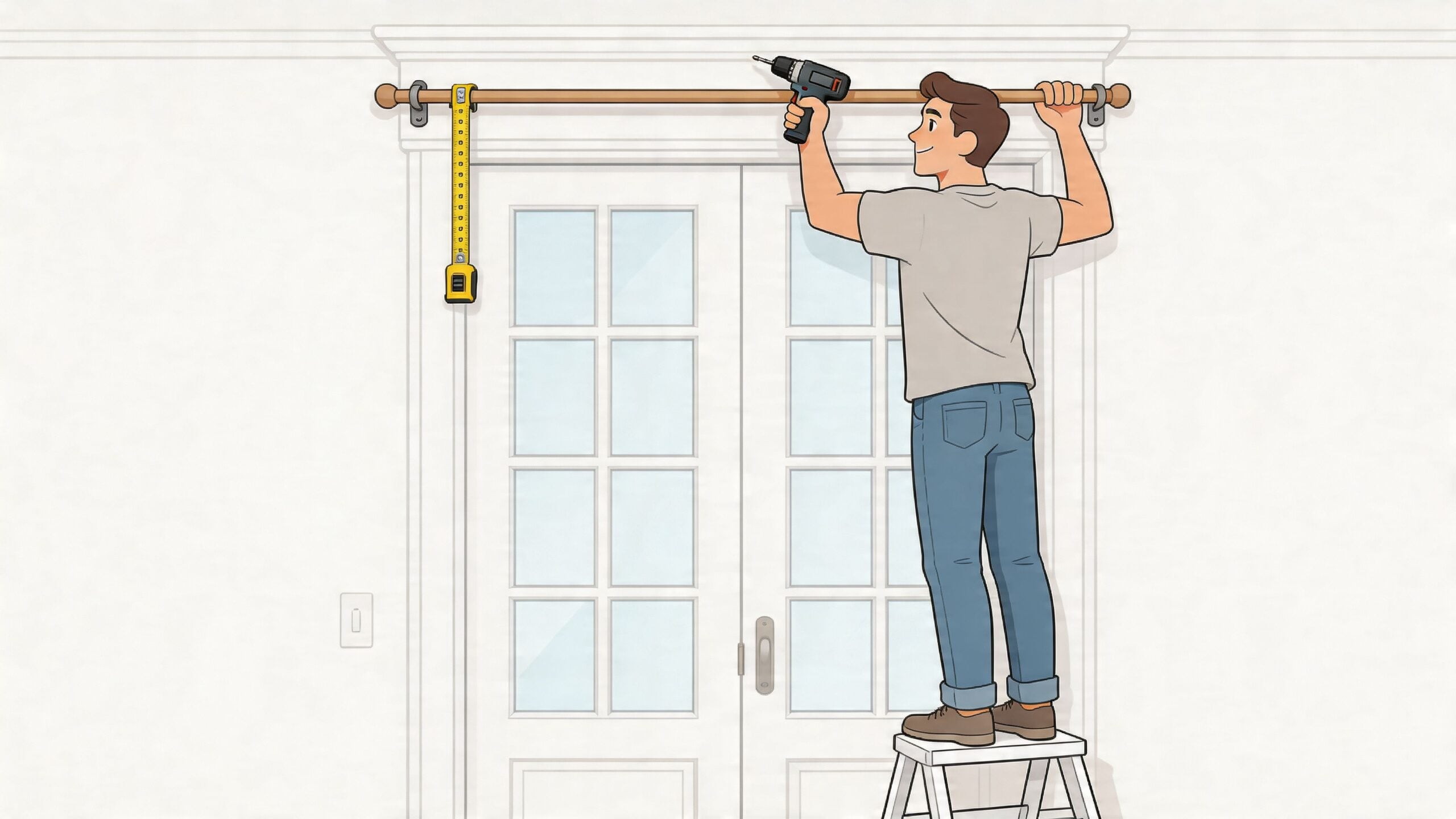 A man stands on a step ladder installing a curtain rod above a set of French doors.