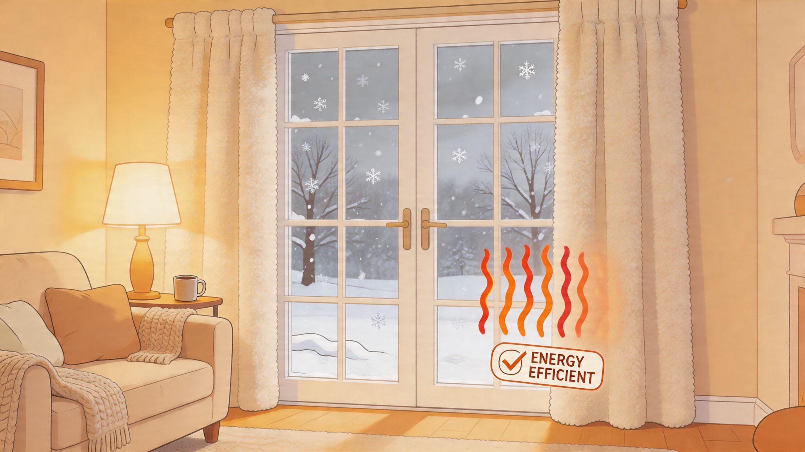 Cozy living room with energy-efficient curtains over French doors during a snowy winter day.