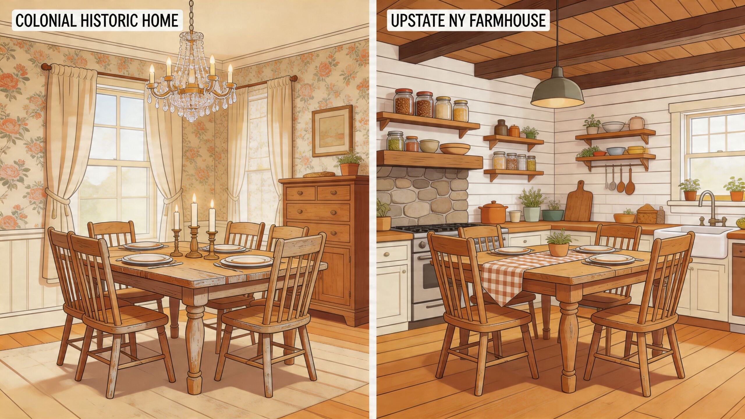 A side-by-side comparison featuring a colonial dining room and an upstate New York farmhouse kitchen interior.