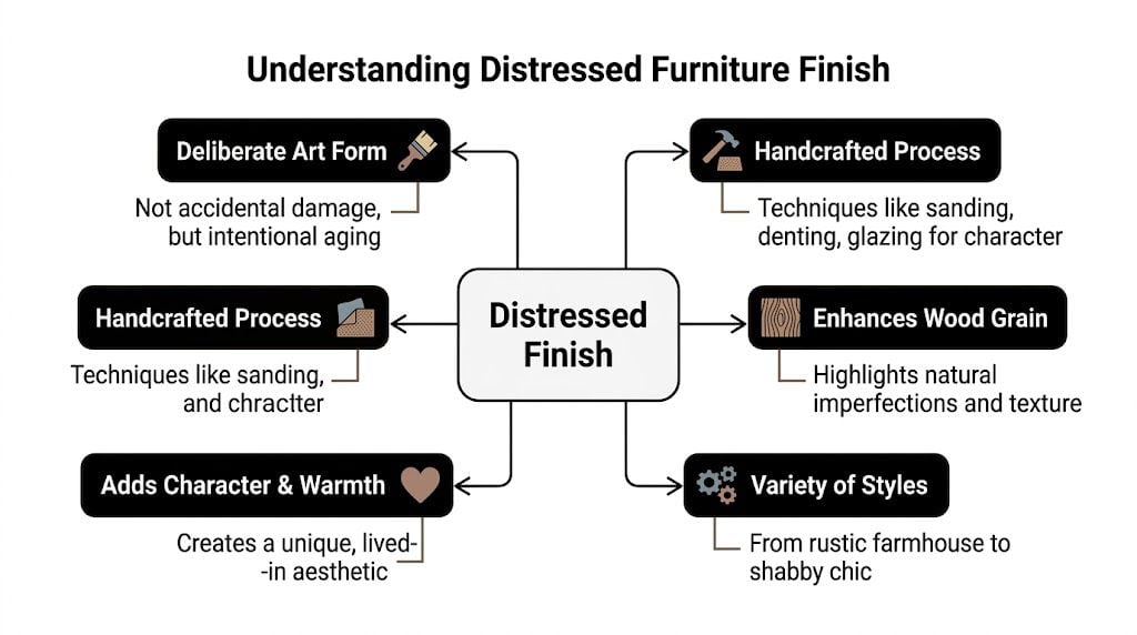 A diagram explaining the concept of distressed furniture finish and the techniques used to create it.