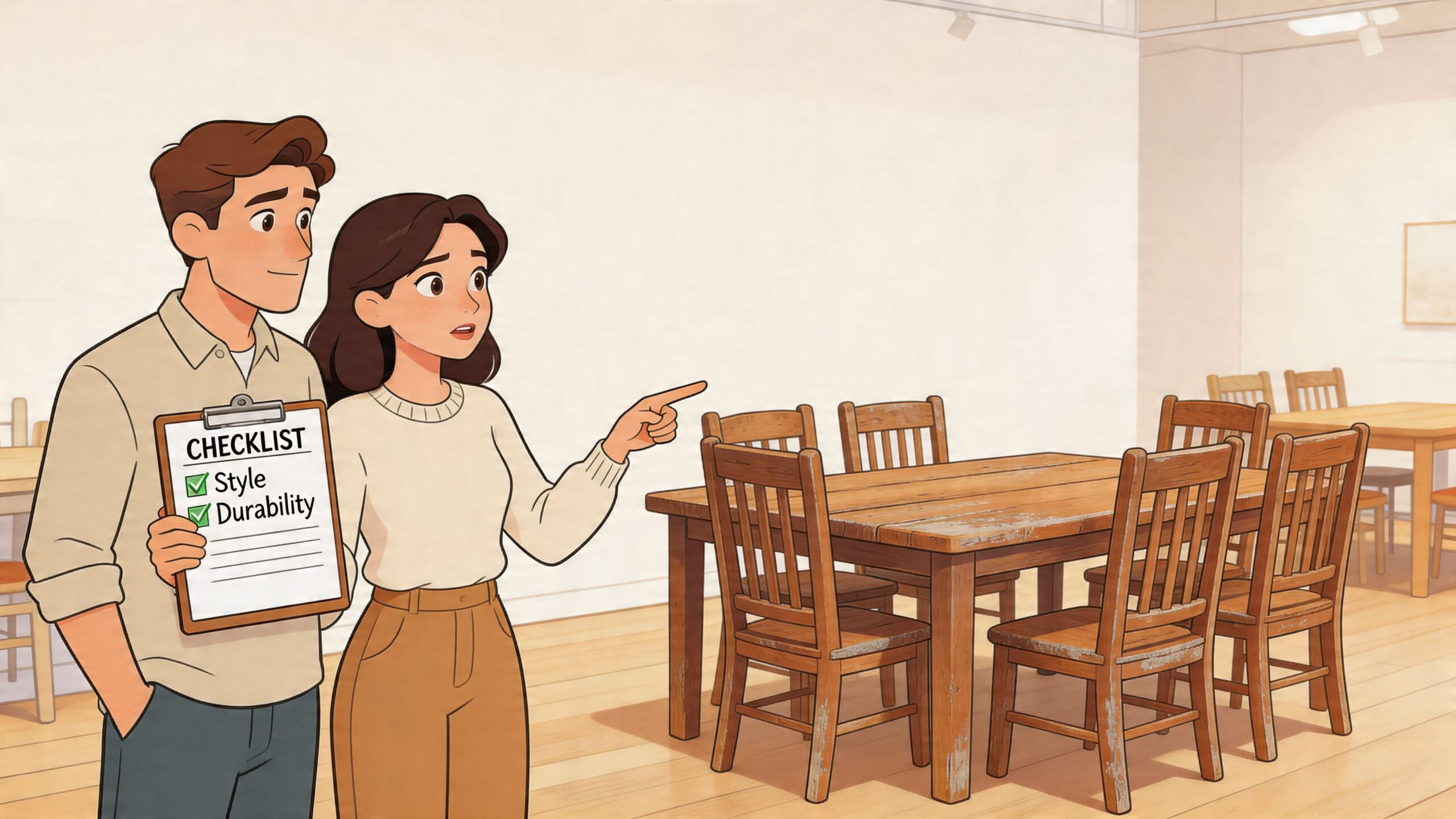 A couple examining a wooden distressed dining set in a showroom while holding a furniture quality checklist.