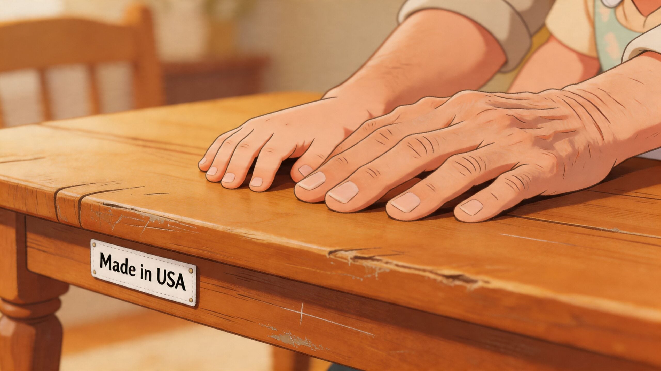 A close-up view of an older adult's and a child's hands resting on a worn wooden table.