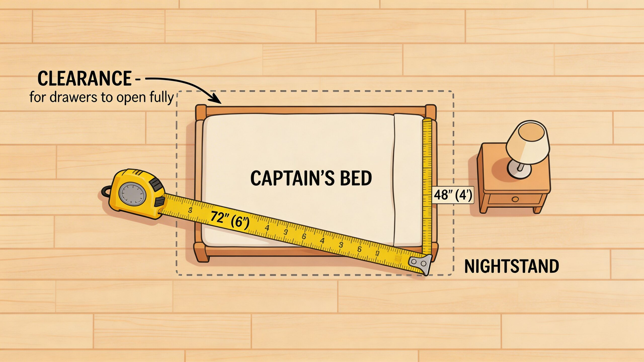 A diagram illustrating the measurement and clearance needed for a full captain's storage bed and nightstand.