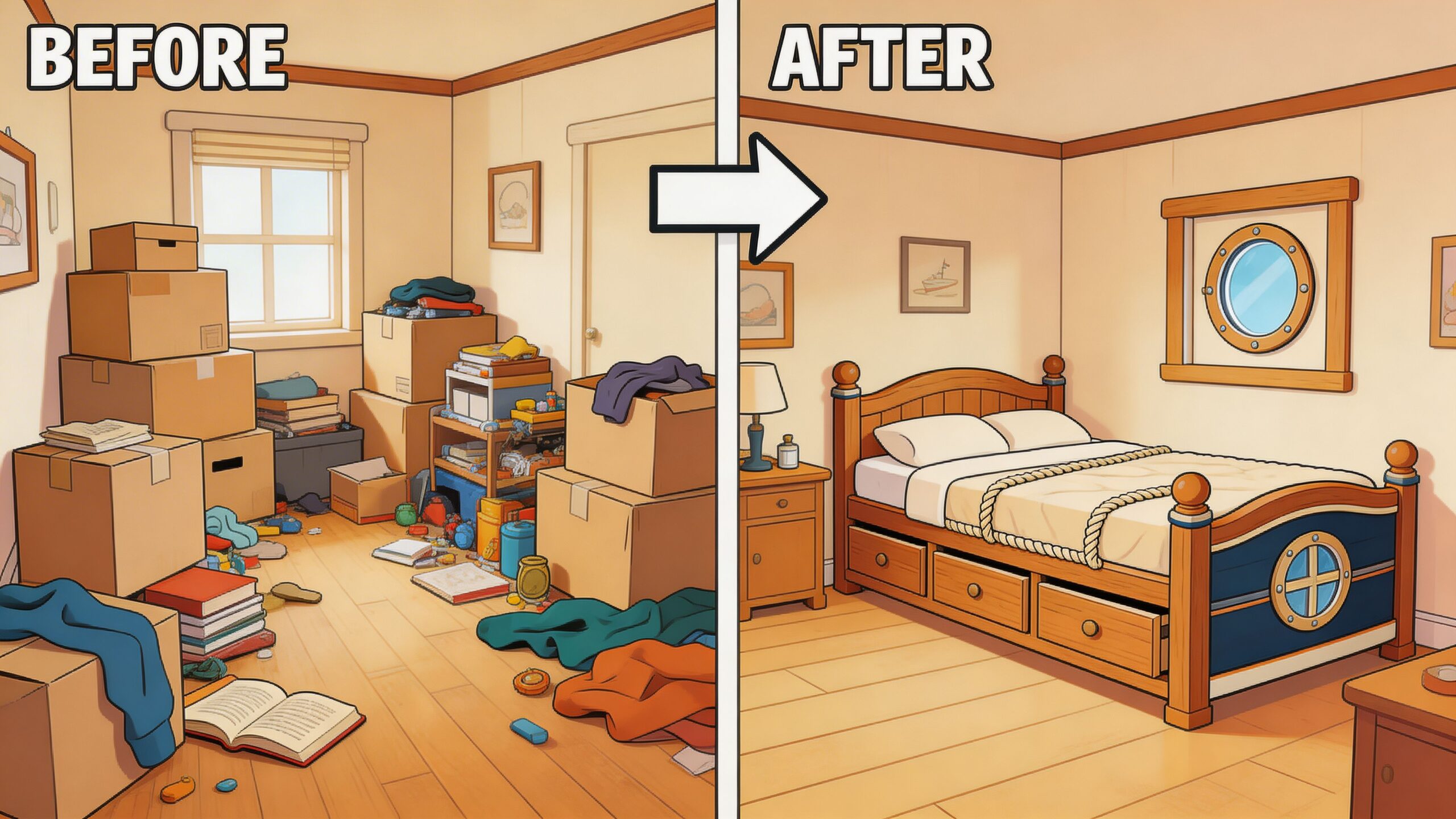 A split image showing a messy room before and the same room after installing a captains storage bed.