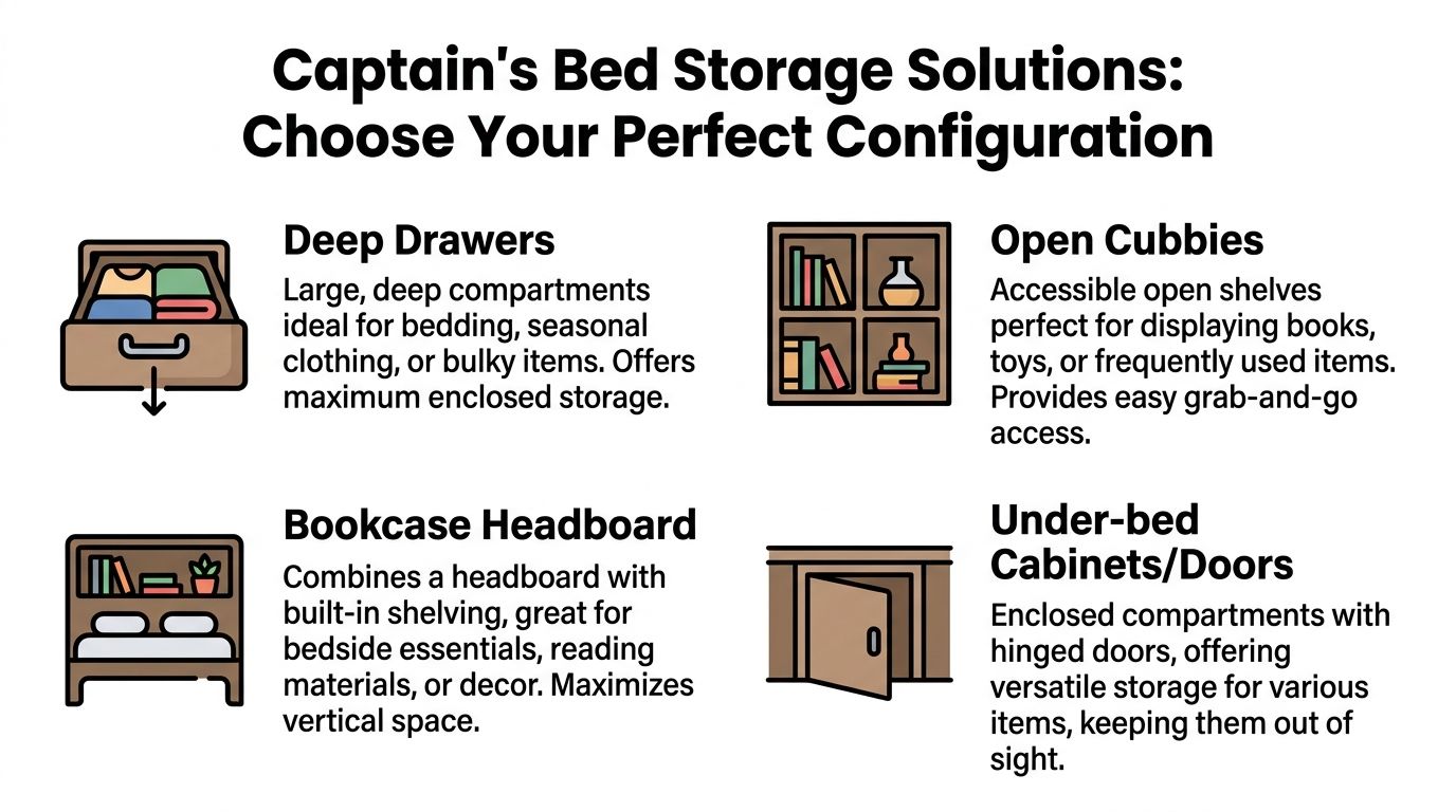 An infographic showing four different types of storage options available for a captain's bed configuration.