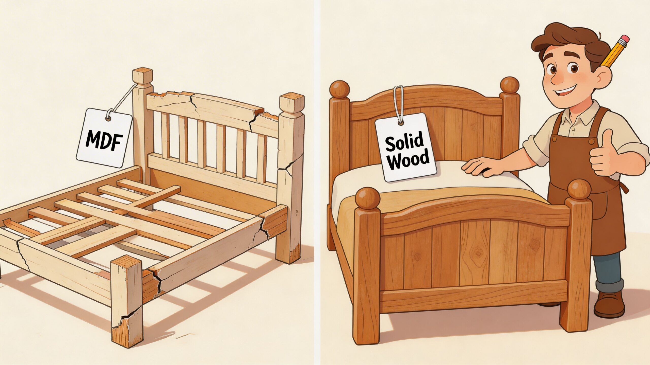 A split image comparing a broken MDF bed frame with a high-quality, durable solid wood bed frame.