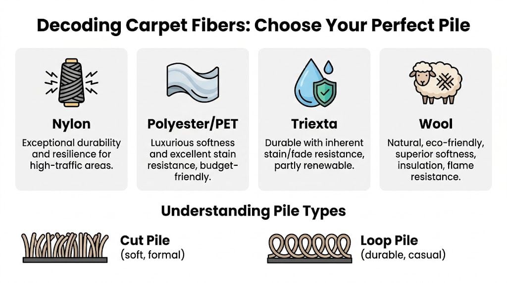 An infographic showing different carpet fiber types like nylon, polyester, triexta, wool and pile styles.