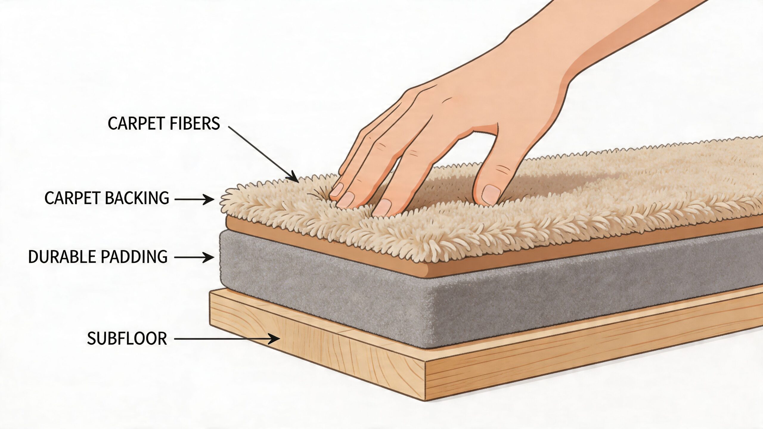 A diagram showing the layers of carpet, including carpet fibers, backing, padding, and the wooden subfloor.