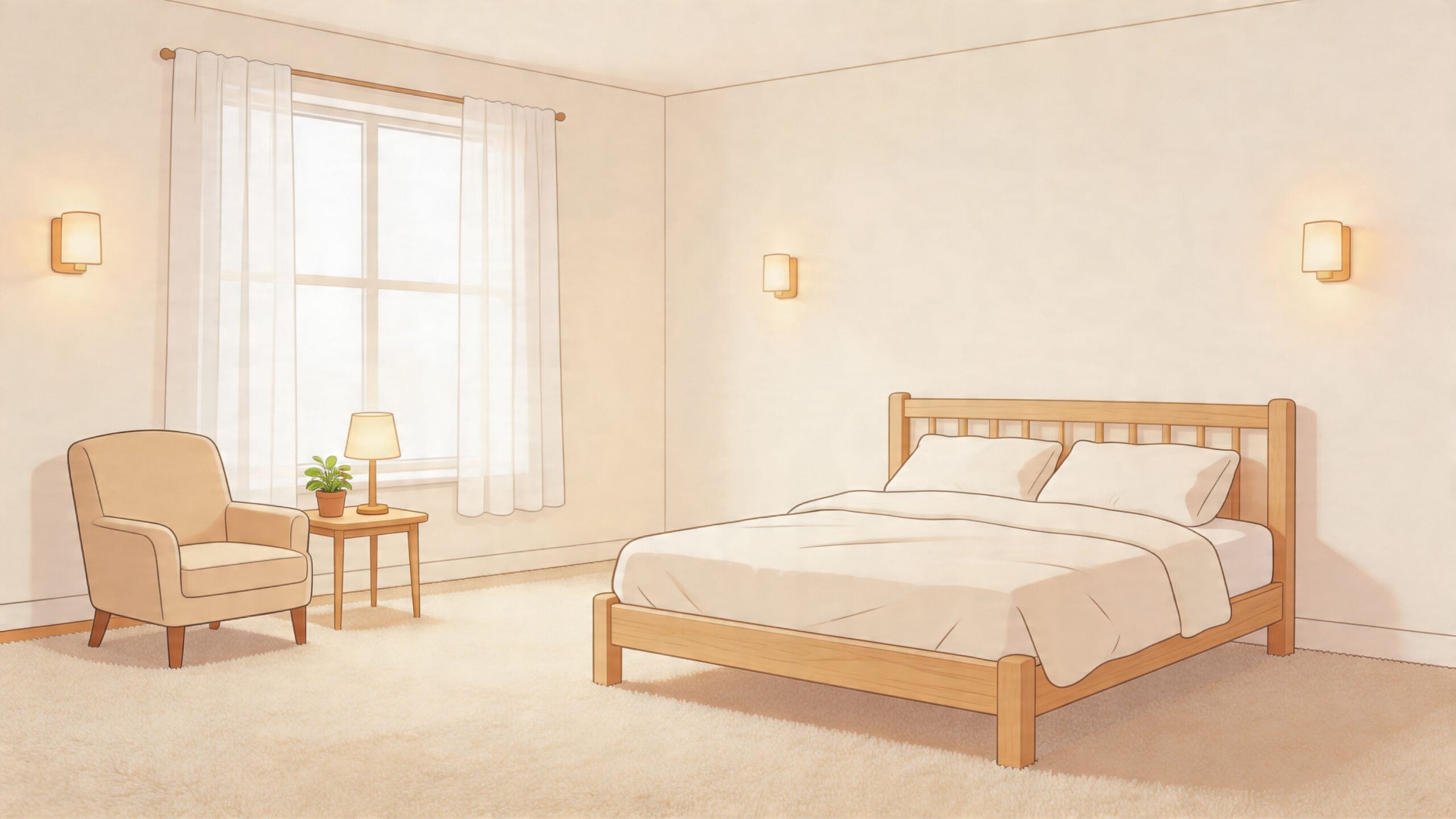 A cozy, minimalist bedroom featuring a wooden bed, a comfortable armchair, and warm, soft lighting.