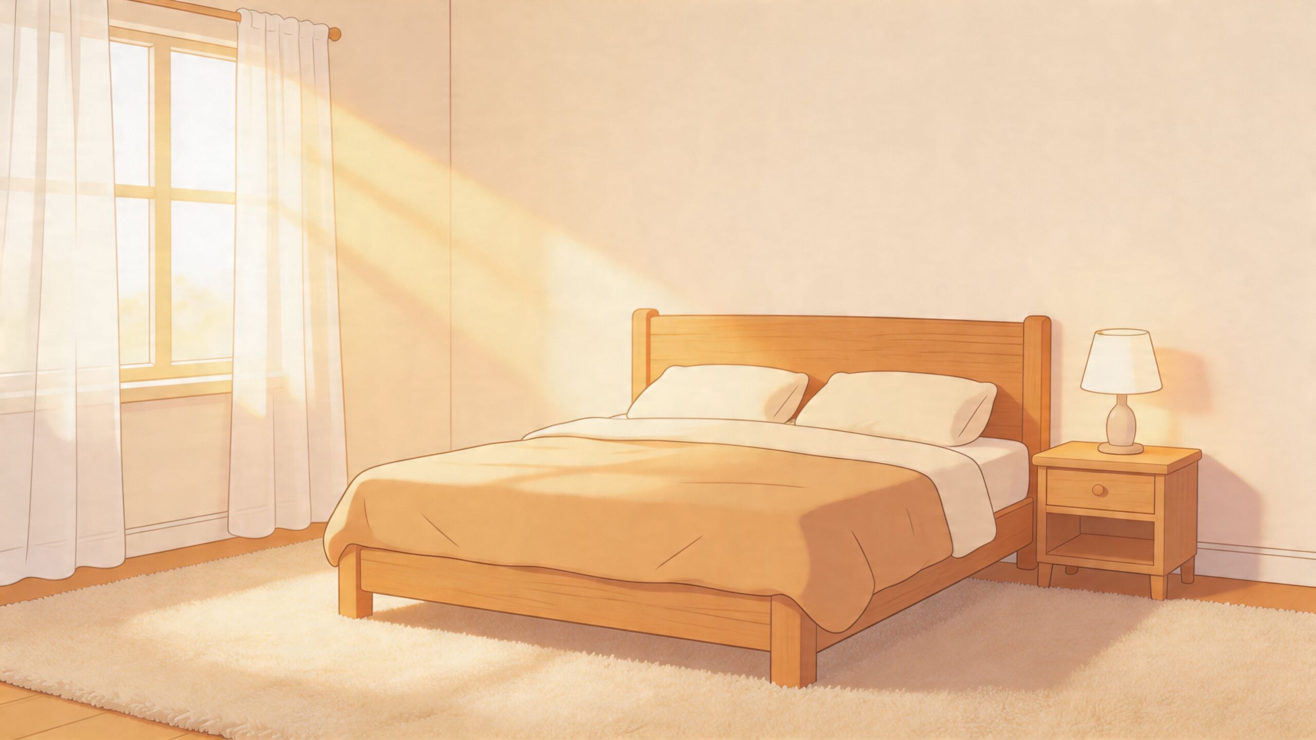 A cozy, sunlit bedroom featuring a comfortable wooden bed frame, a bedside lamp, and a soft area rug.