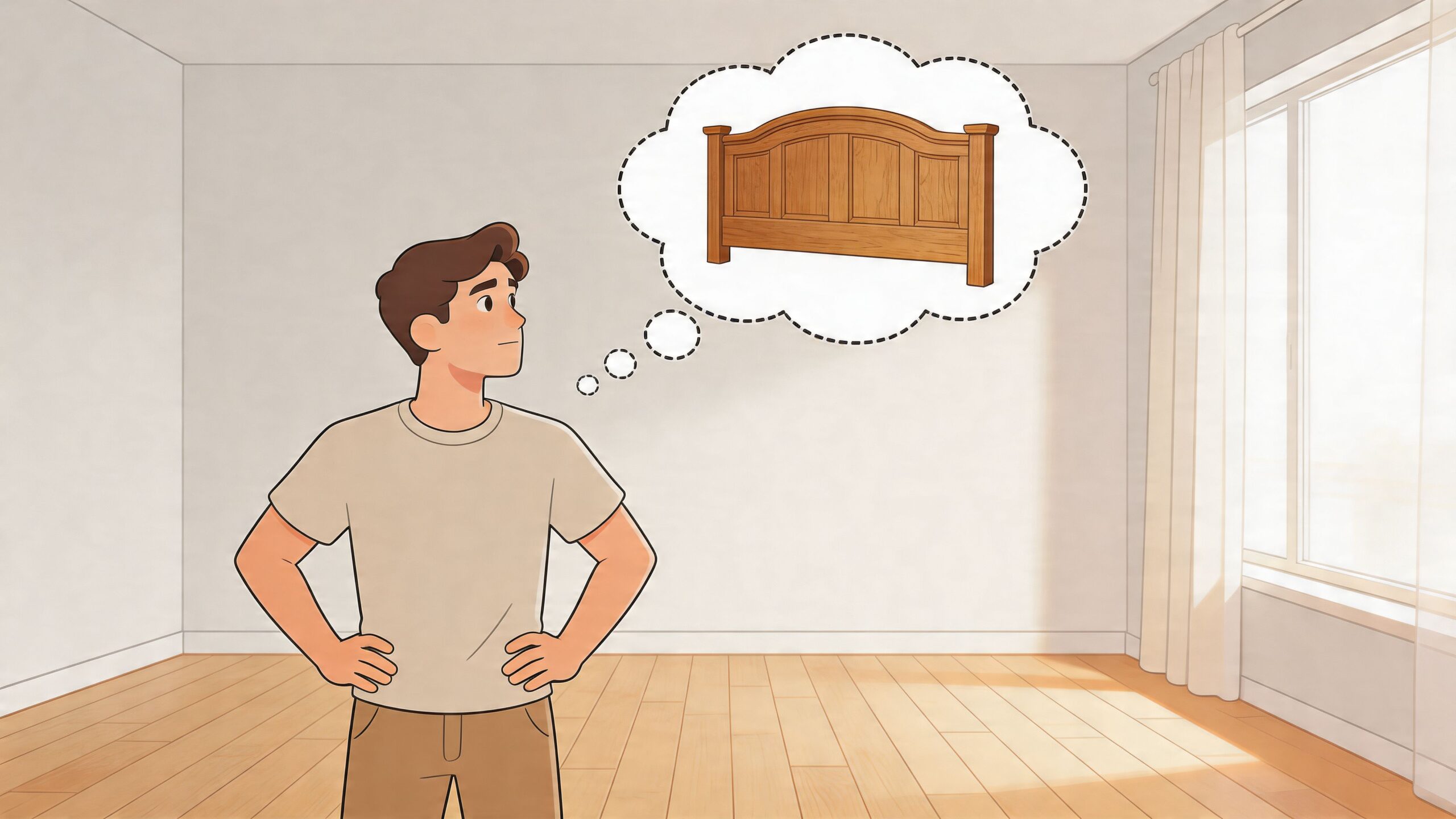 A person standing in an empty room, imagining a beautiful oak wooden queen headboard for their space.
