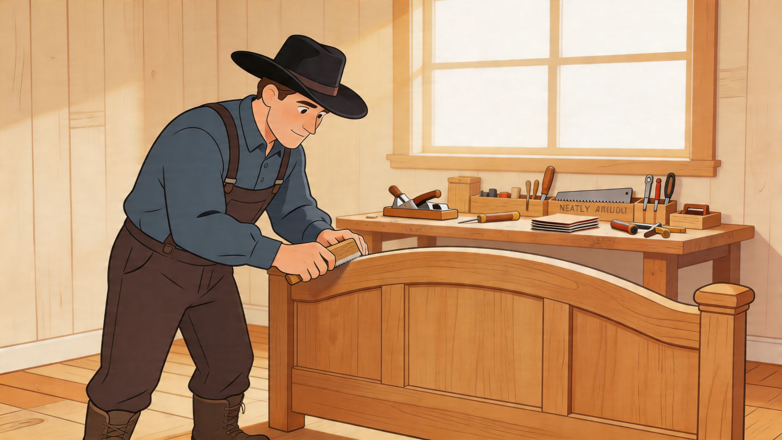 A carpenter in a workshop carefully sands the top edge of a wooden queen oak headboard.