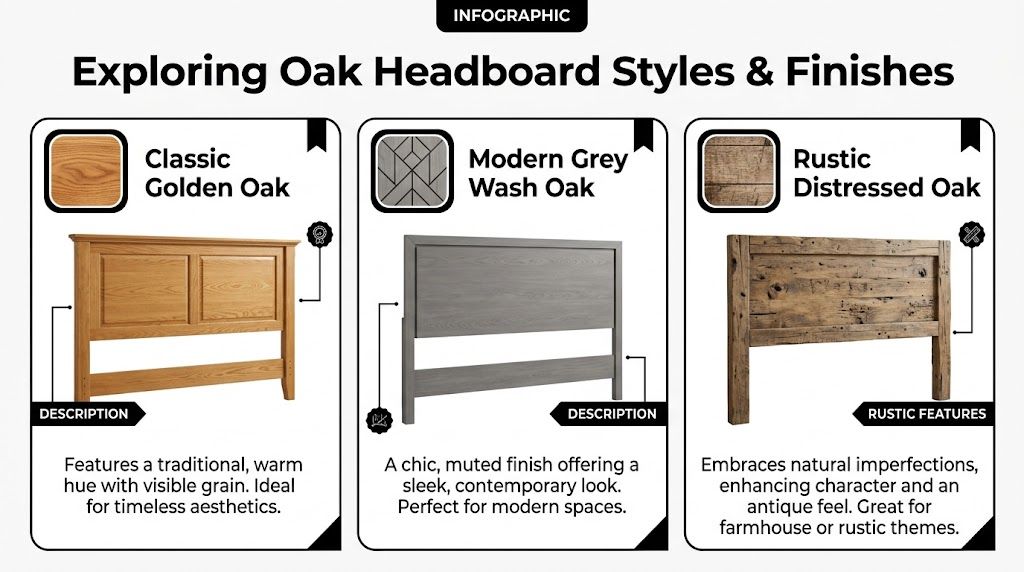 An infographic displaying three distinct oak headboard styles: classic golden oak, modern grey wash, and rustic distressed.