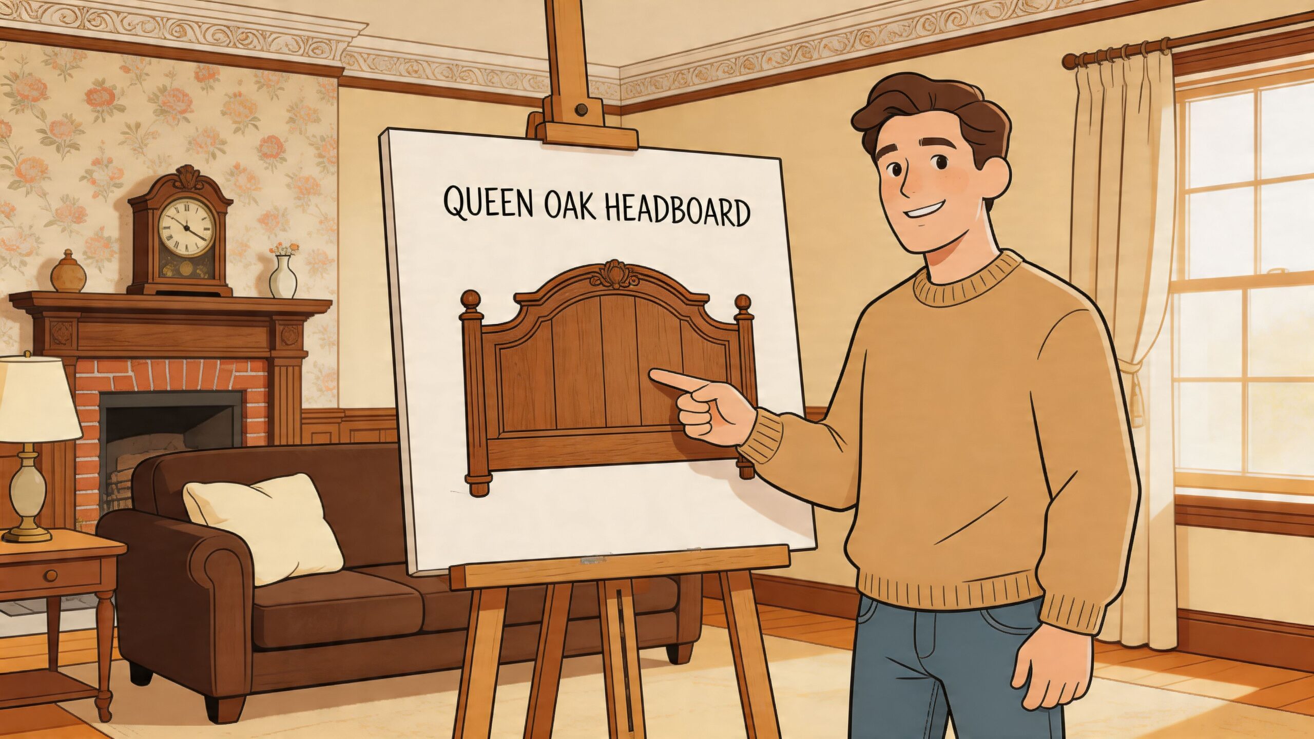 A man in a brown sweater standing next to an easel presenting a queen oak headboard illustration.
