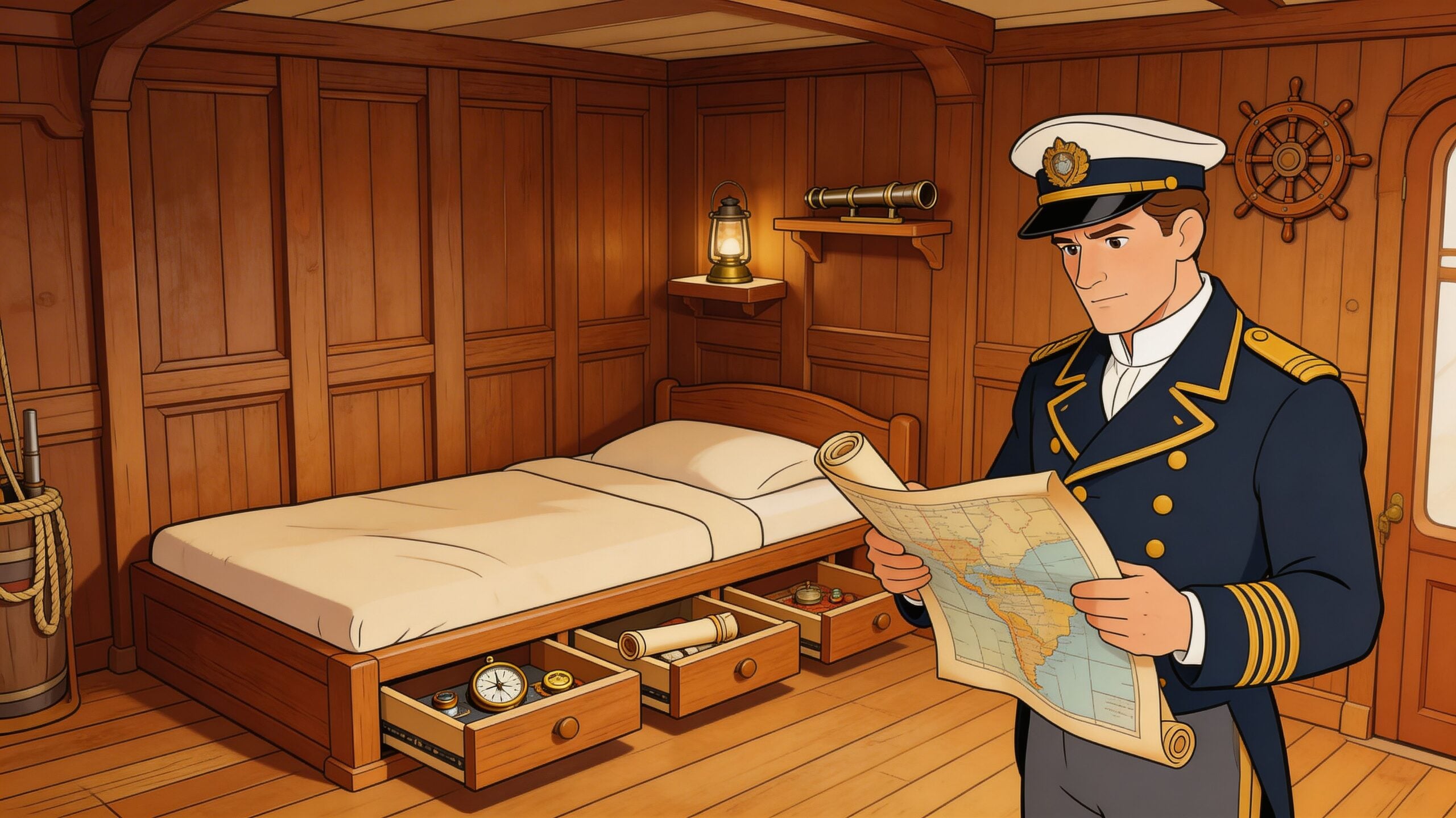 A naval captain in a vintage uniform examines a map inside a wood-paneled ship cabin.