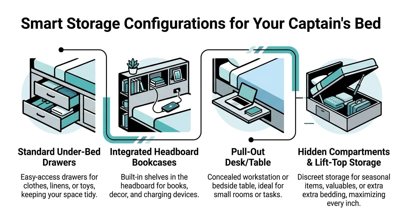 An infographic showing four smart storage configurations for a captain's bed, including drawers, bookcases, and lift-top storage.