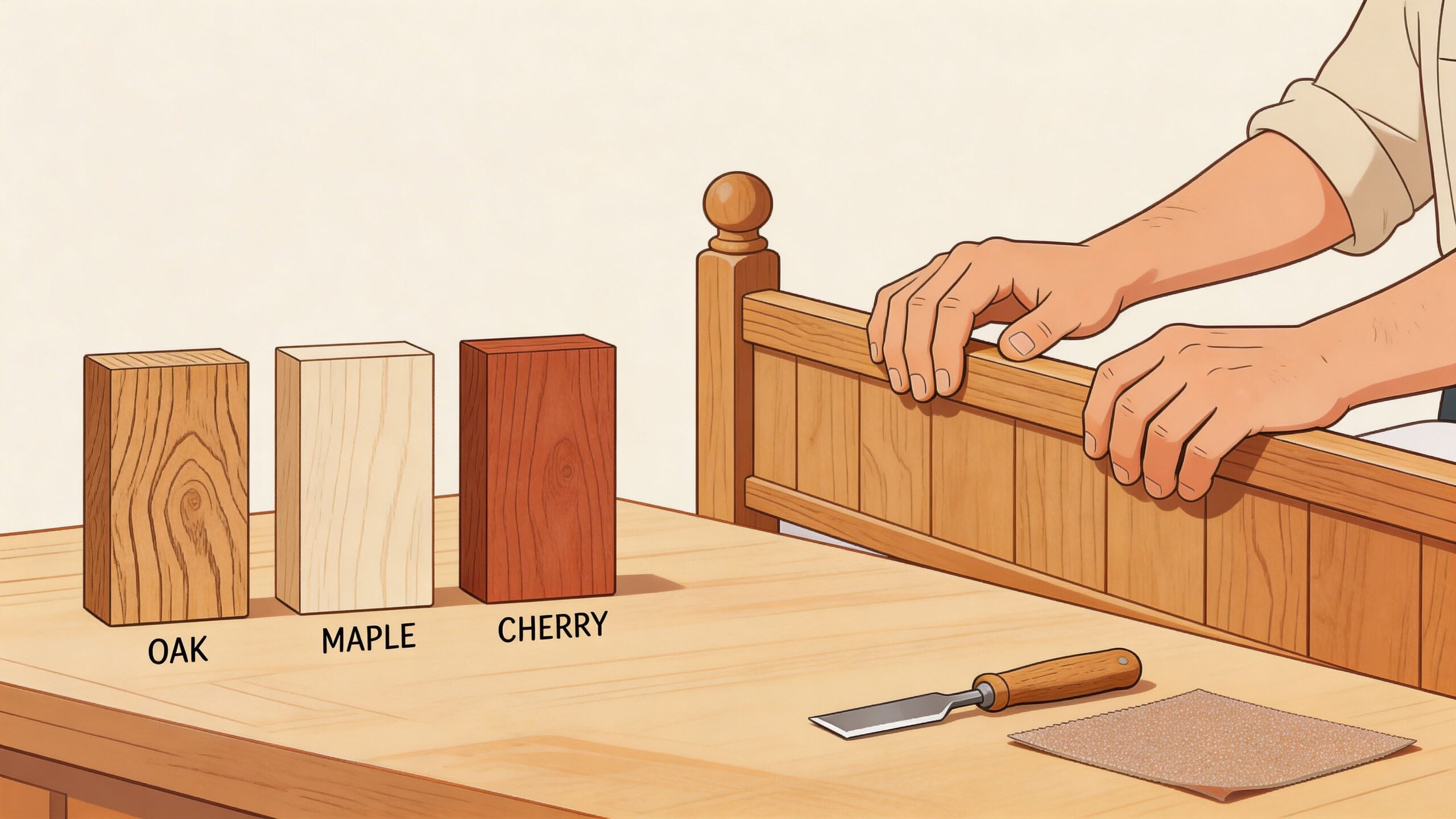 A woodworker stands behind a queen size captains bed frame with samples of oak, maple, and cherry wood.