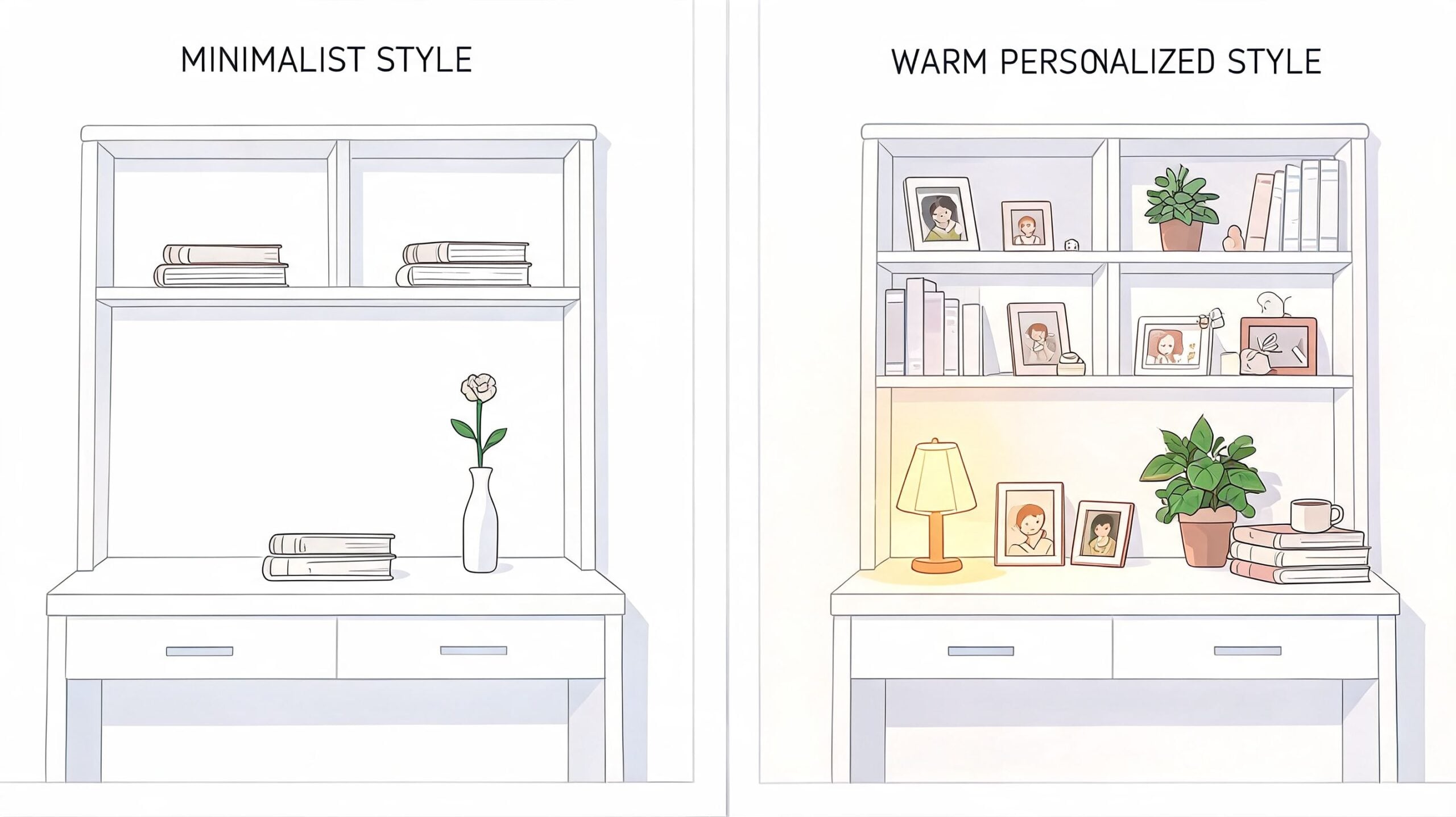 A comparison showing a minimalist style desk and a warm personalized desk with various home decor items.