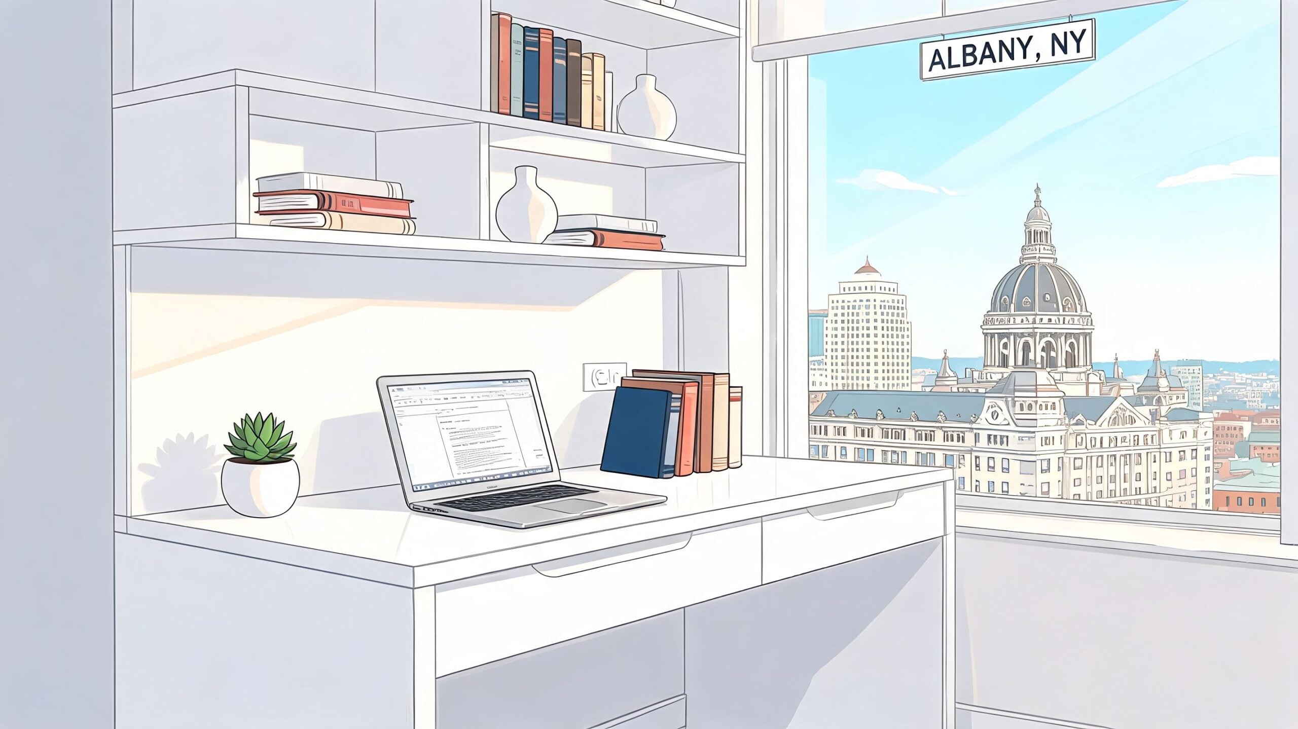 A modern desk with a laptop and books in front of a window overlooking Albany, New York.